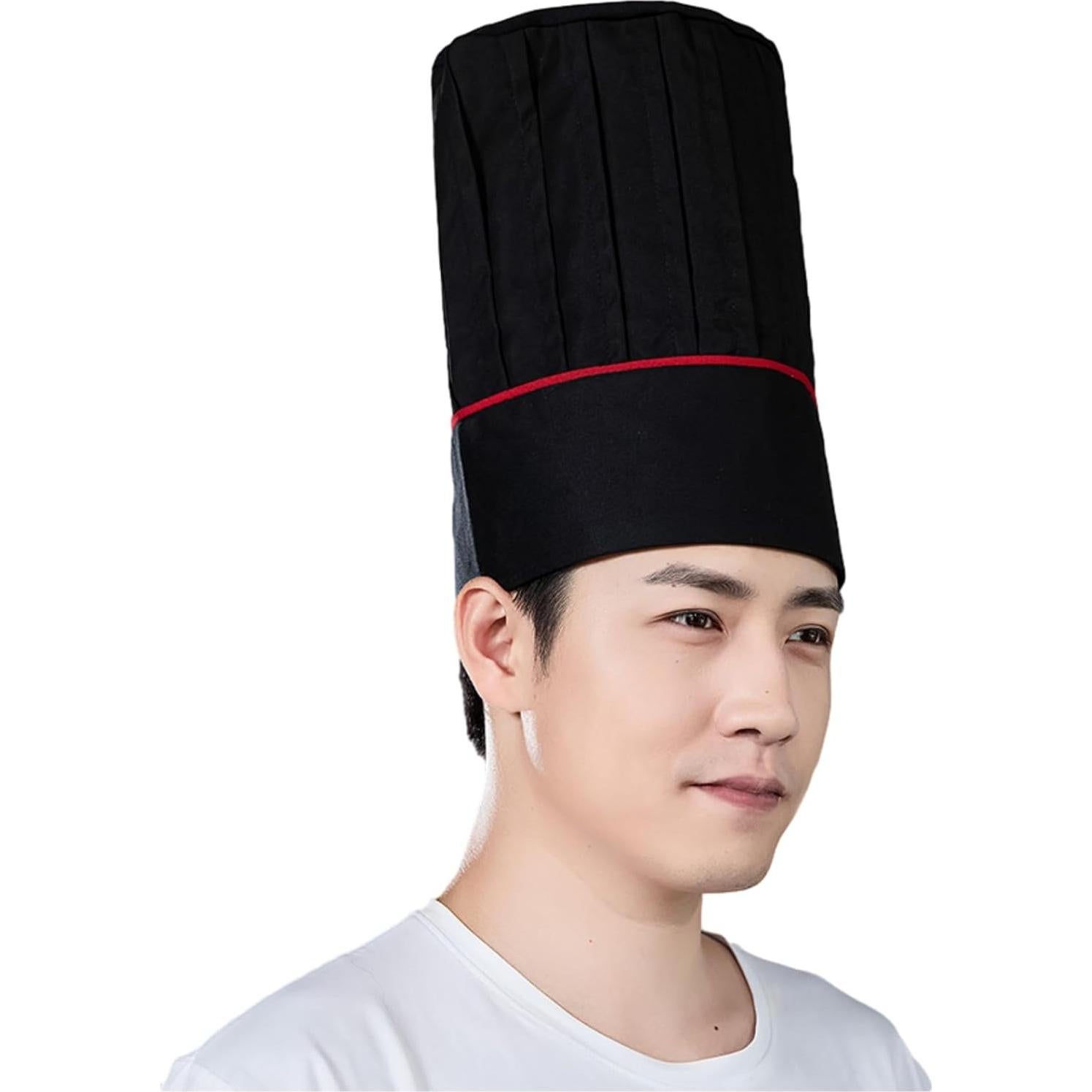 Gorro de Chef Alto Ajustable Hyzrz Negro y Raya Roja 29.2 cm