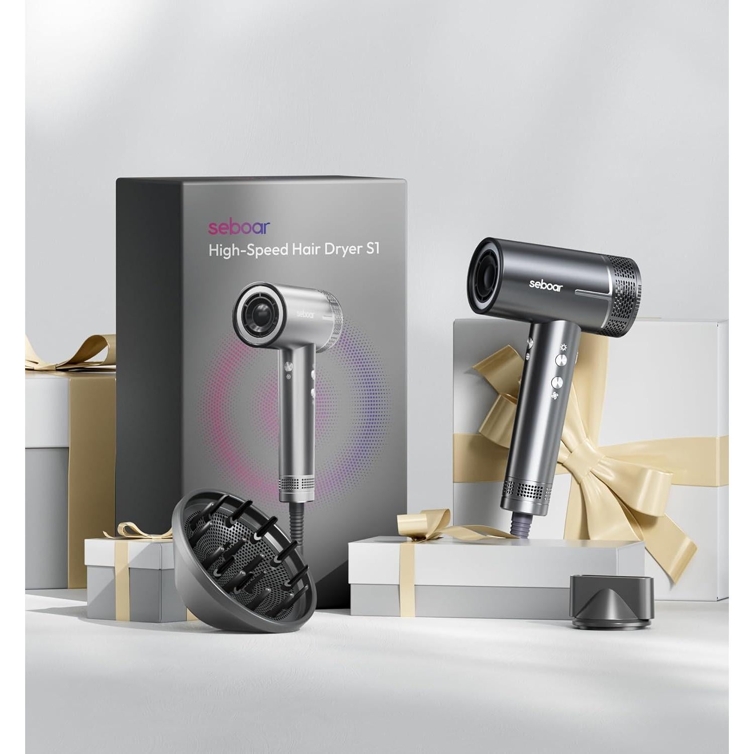 Secador de Pelo Iónico Seboar 1500W con Difusor y Pantalla LCD