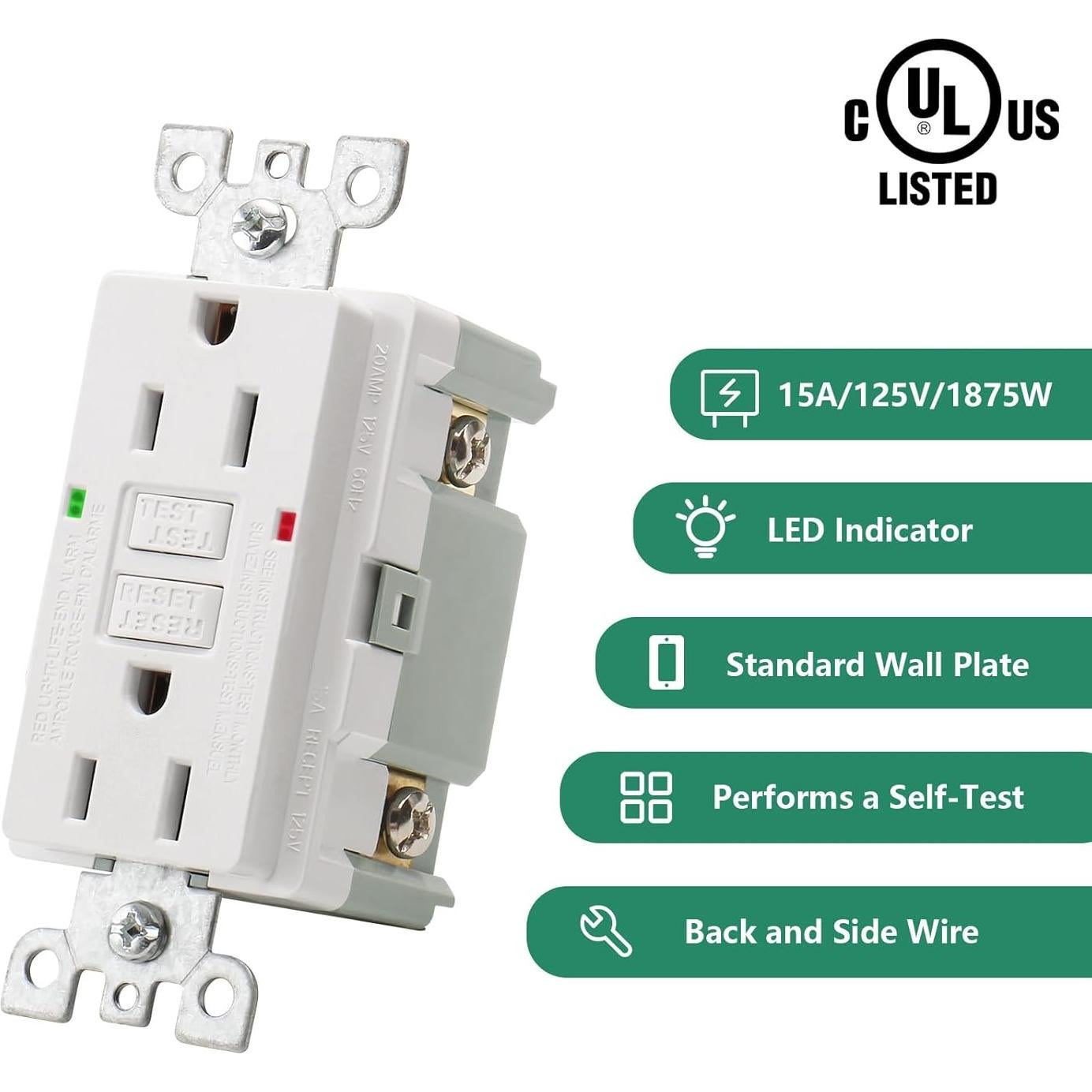 Enchufe GFCI 15A WENGART Blanco con LED y Placas Decorativas