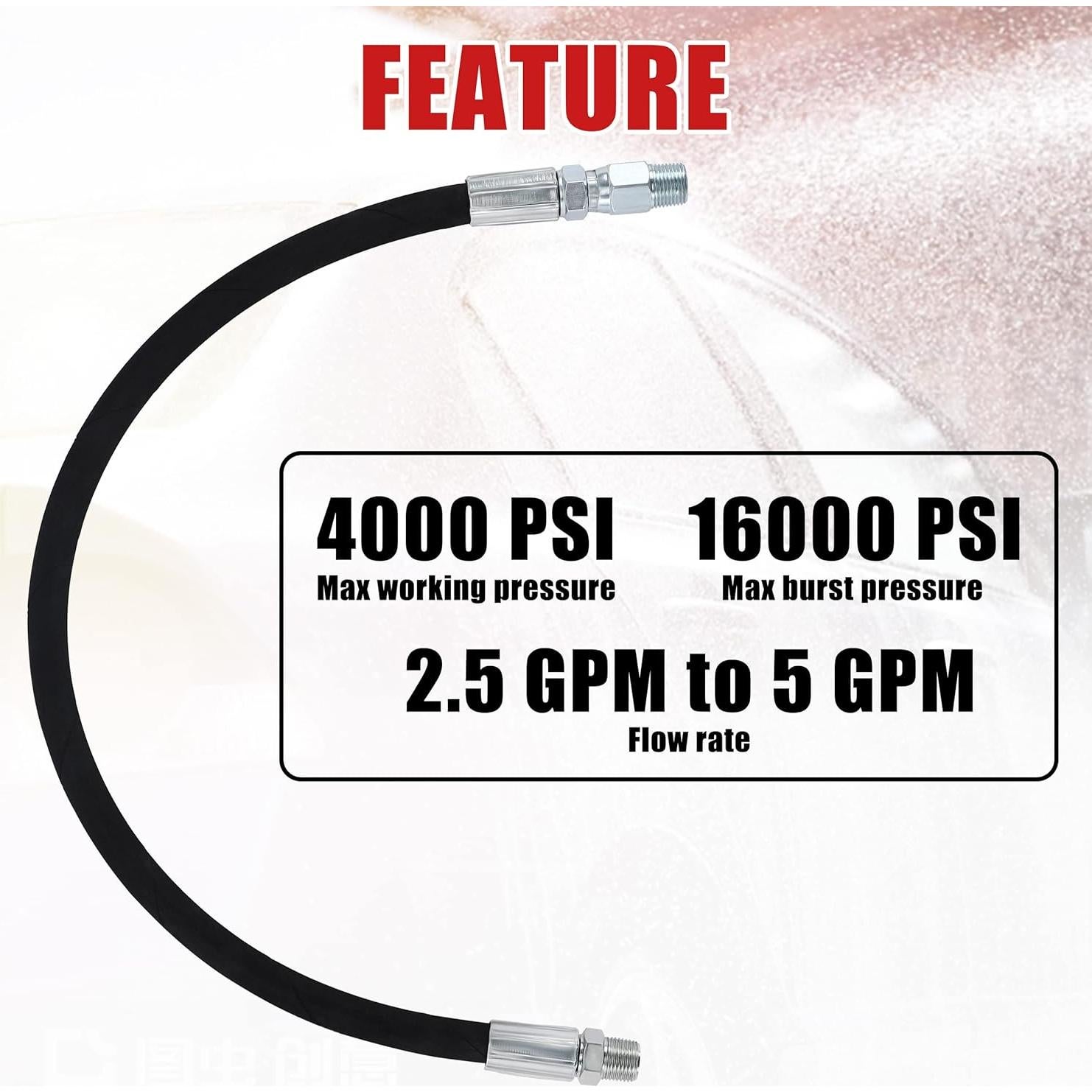 Tool Daily Pressure Washer Whip Hose with Swivel, Hose Reel Connector for Pressure Washing with Power Washer Adapter Set, 2 FT