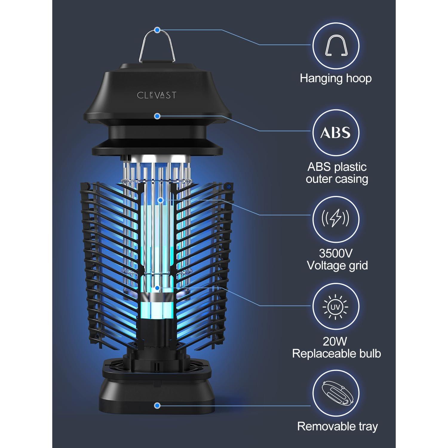 Asesino de Mosquitos Eléctrico CLEVAST 20W UV - Negro
