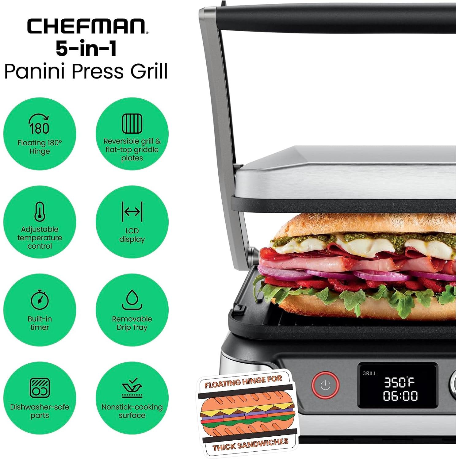 Chefman Prensa Panini 5-en-1 Acero Inoxidable Digital