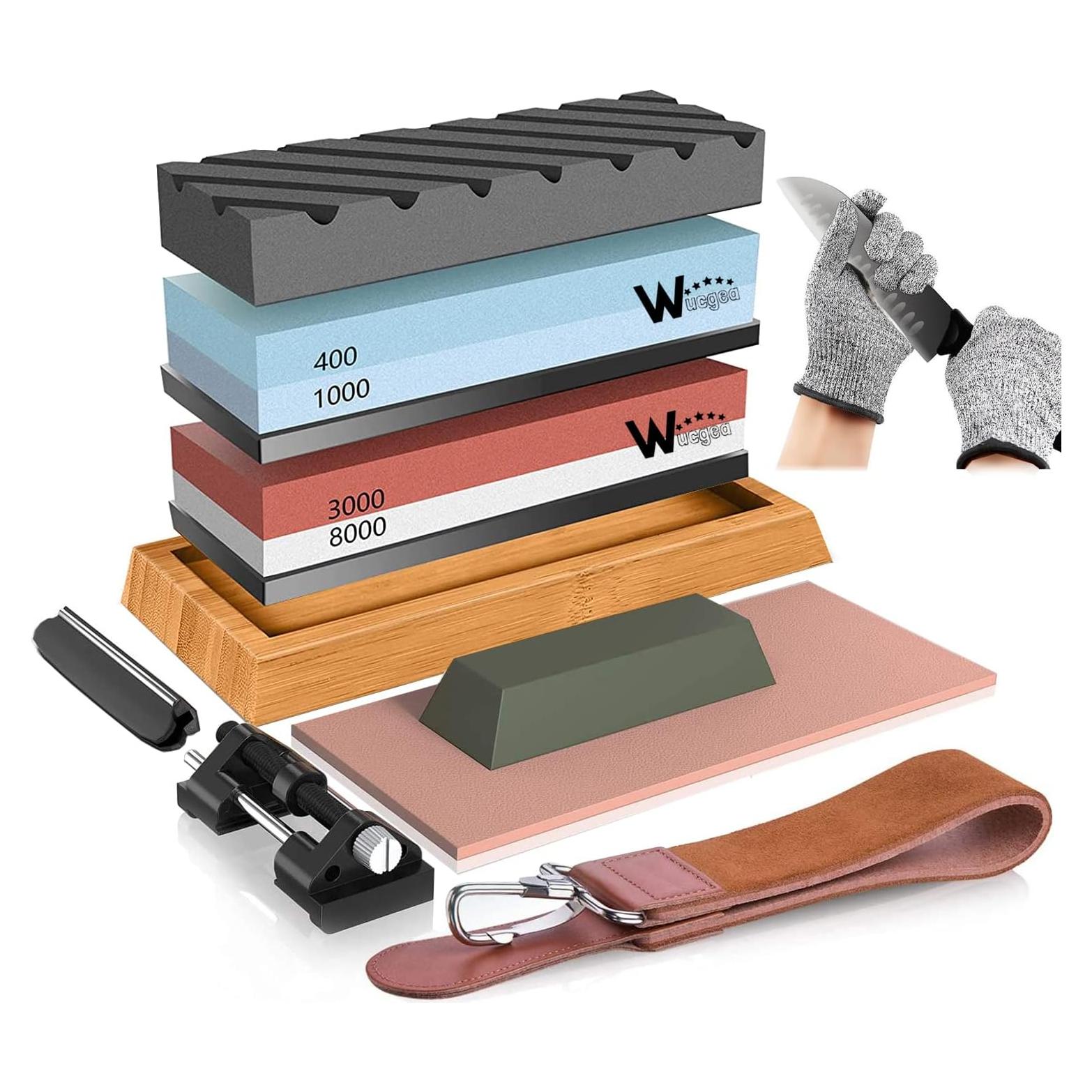 Kit de Afilado de Cuchillos Wucgea 12 en 1 con Base de Bambú