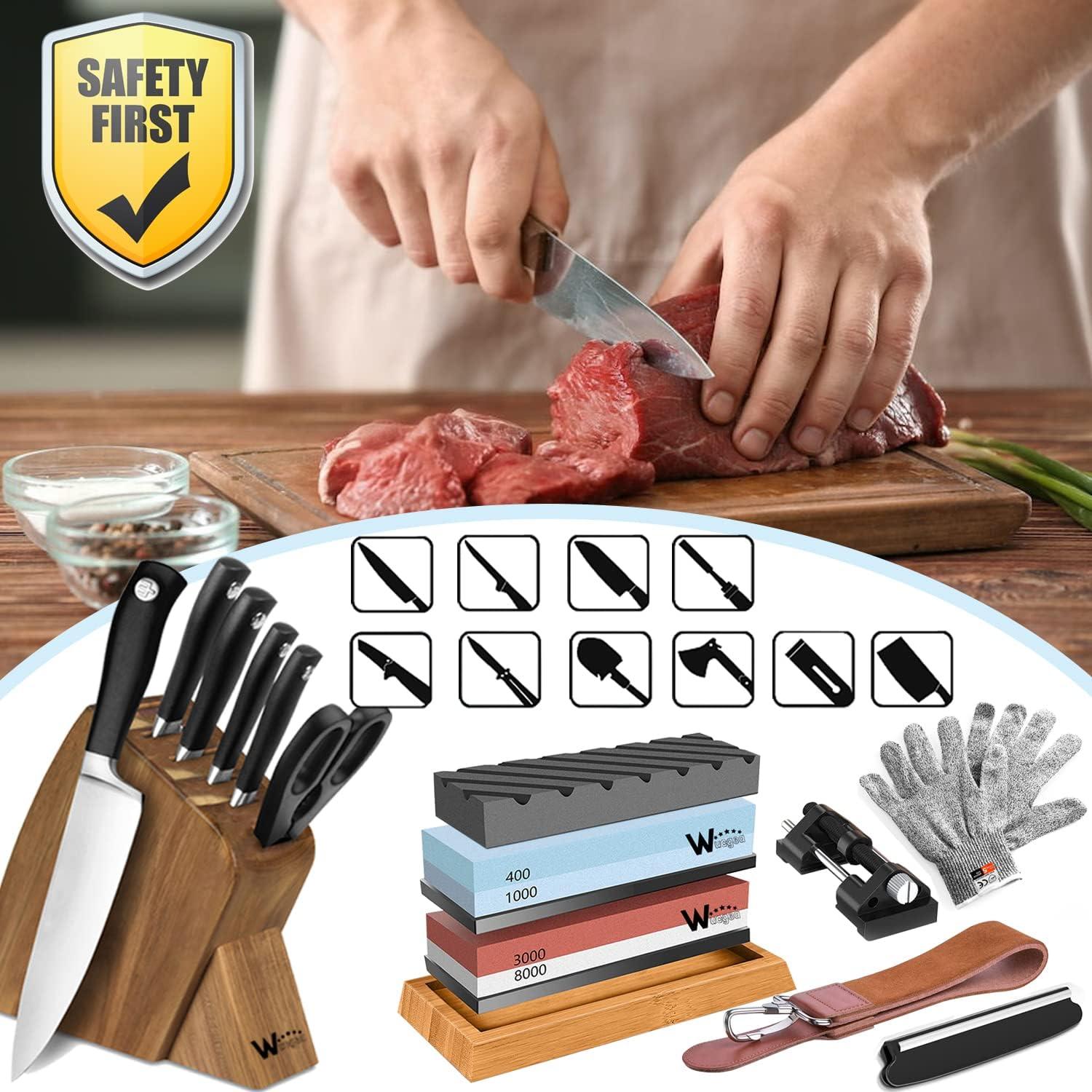 Kit de Afilado de Cuchillos Wucgea 12 en 1 con Base de Bambú