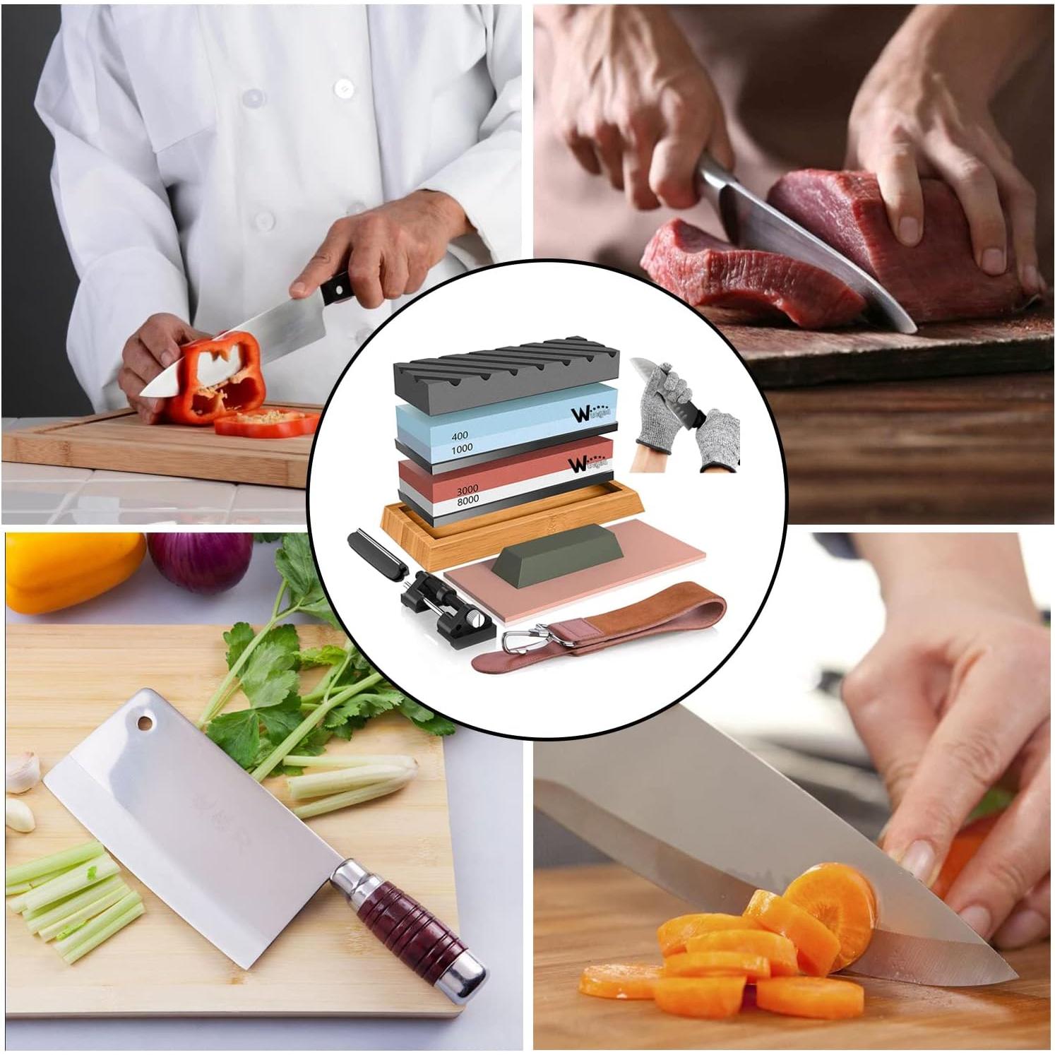 Kit de Afilado de Cuchillos Wucgea 12 en 1 con Base de Bambú