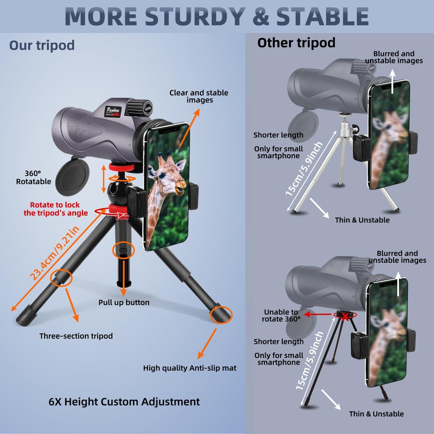Monocular Pankoo 12x60 Alta Potencia con Adaptador y Trípode