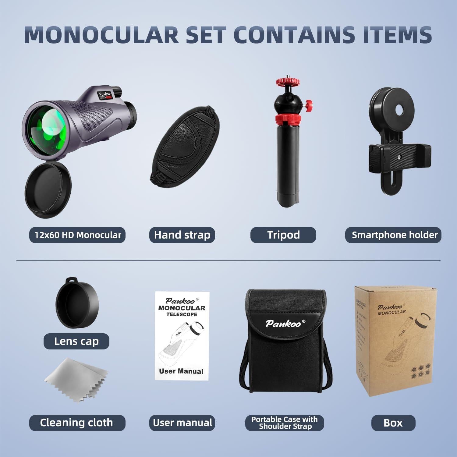 Monocular Pankoo 12x60 Alta Potencia con Adaptador y Trípode