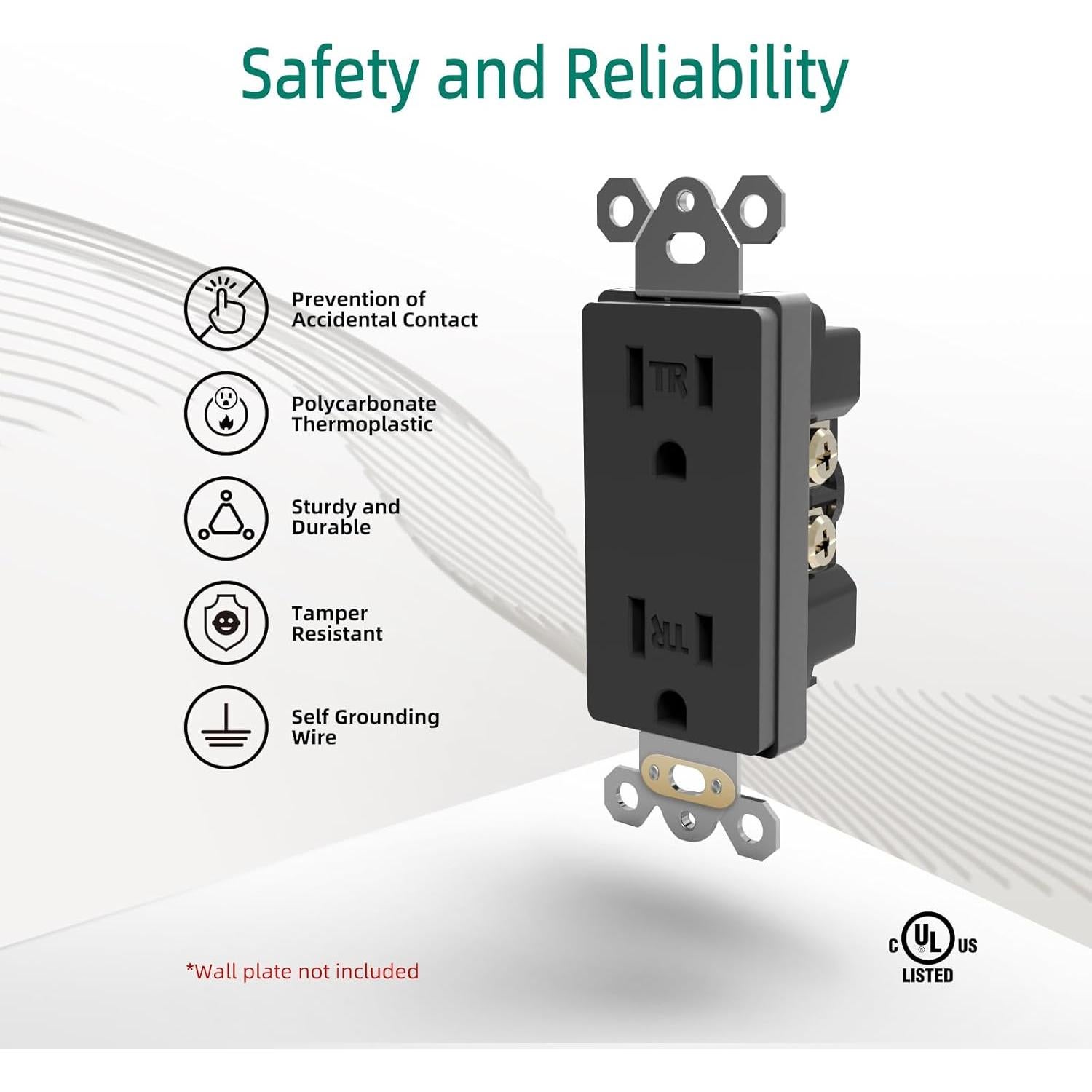 Toma de Corriente Eléctrica 15A JUNLIT Dúplex Negro Paquete 10