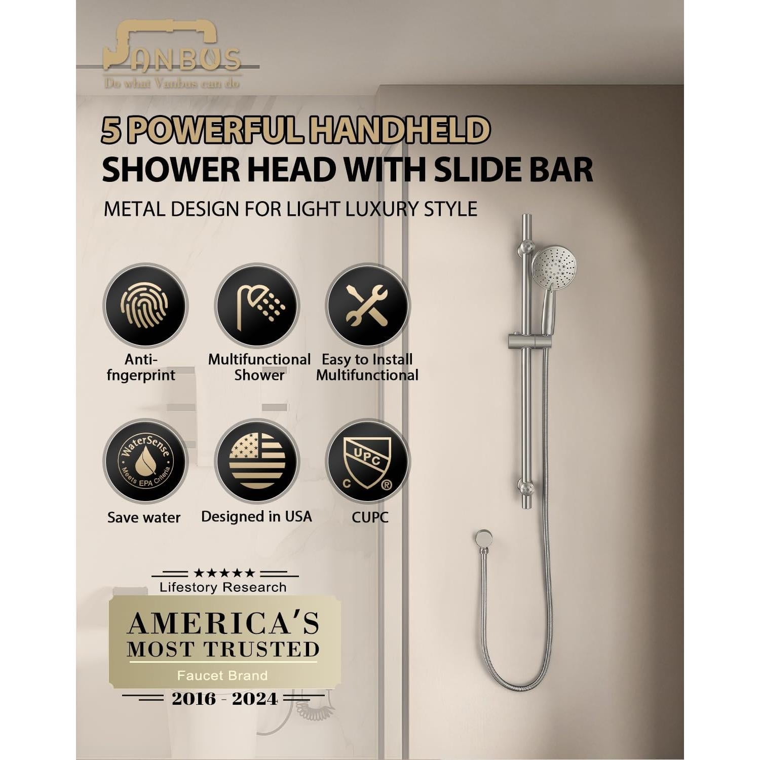 Sistema de Ducha Deslizante Vanbus 2024, Acero Inoxidable, 5 Funciones