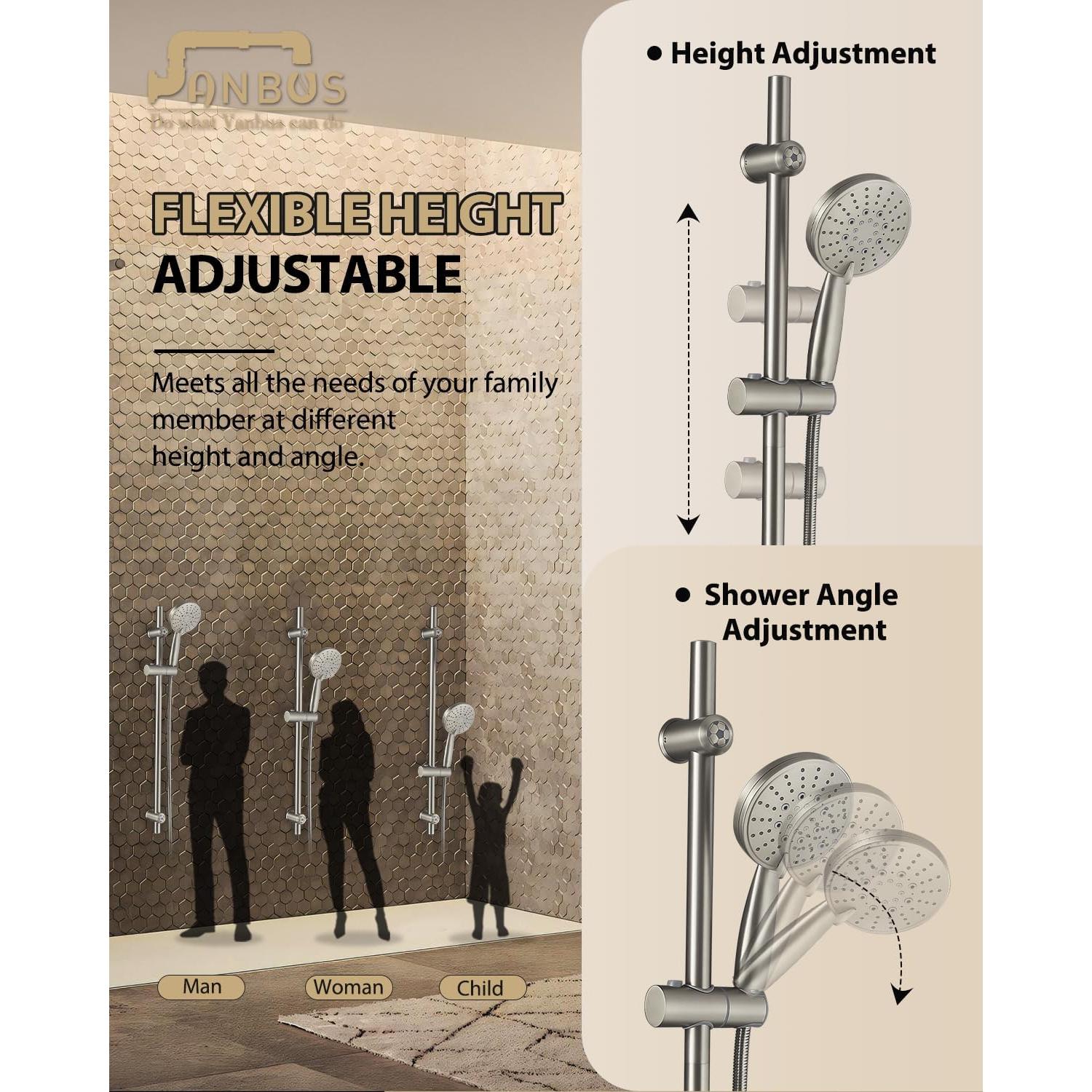 Sistema de Ducha Deslizante Vanbus 2024, Acero Inoxidable, 5 Funciones