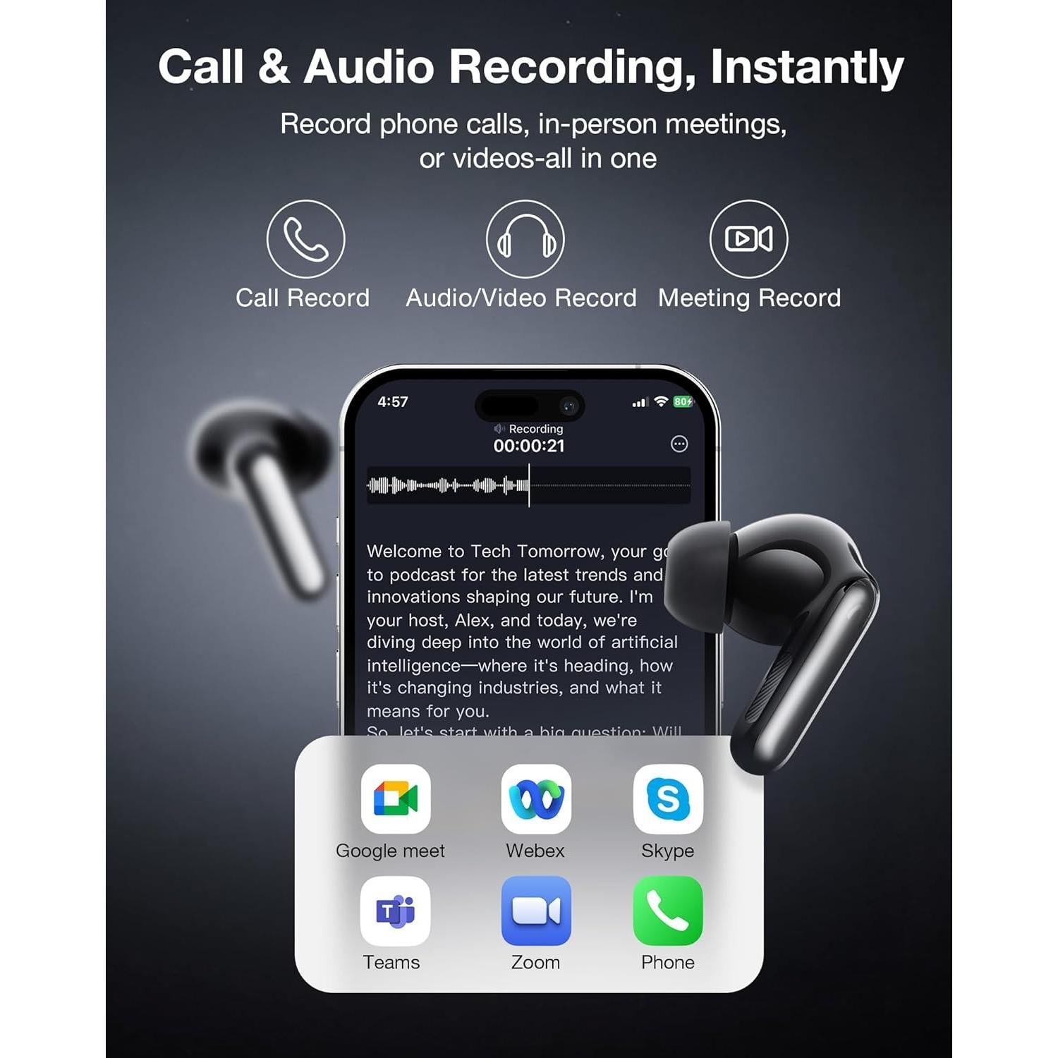 Auriculares Grabadores de Voz viaim RecDot AI - 48dB ANC, 36h Batería