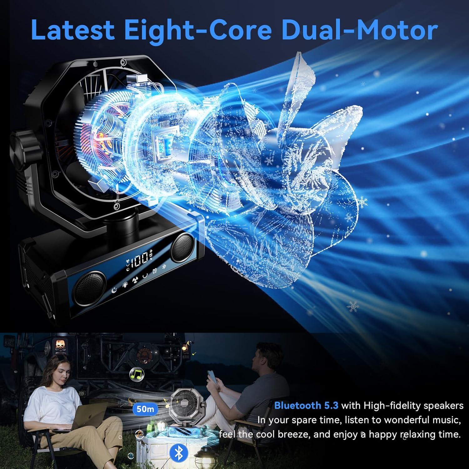 Ventilador portátil recargable YUROGLIEW 25000mAh con altavoz Bluetooth 5.3