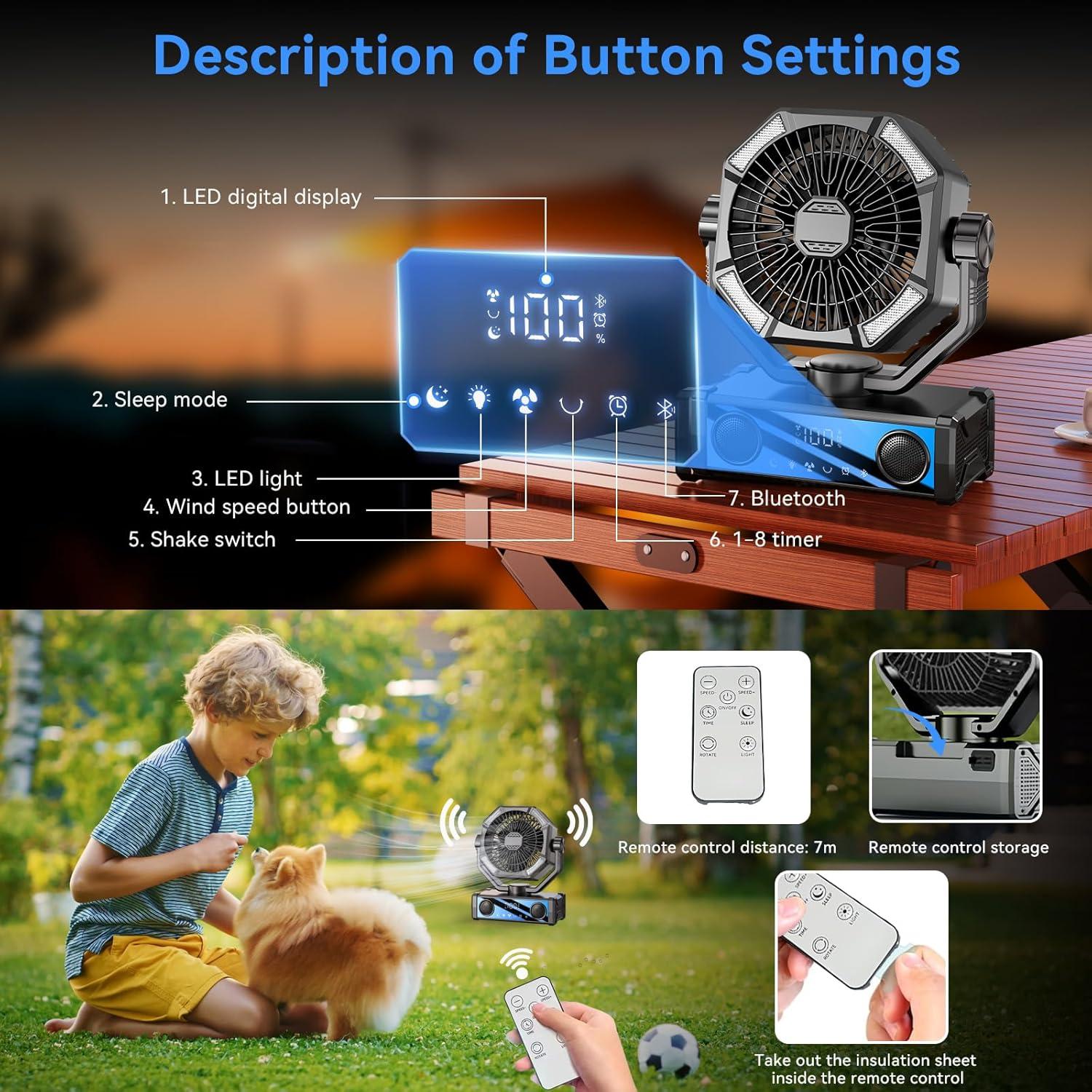 Ventilador portátil recargable YUROGLIEW 25000mAh con altavoz Bluetooth 5.3