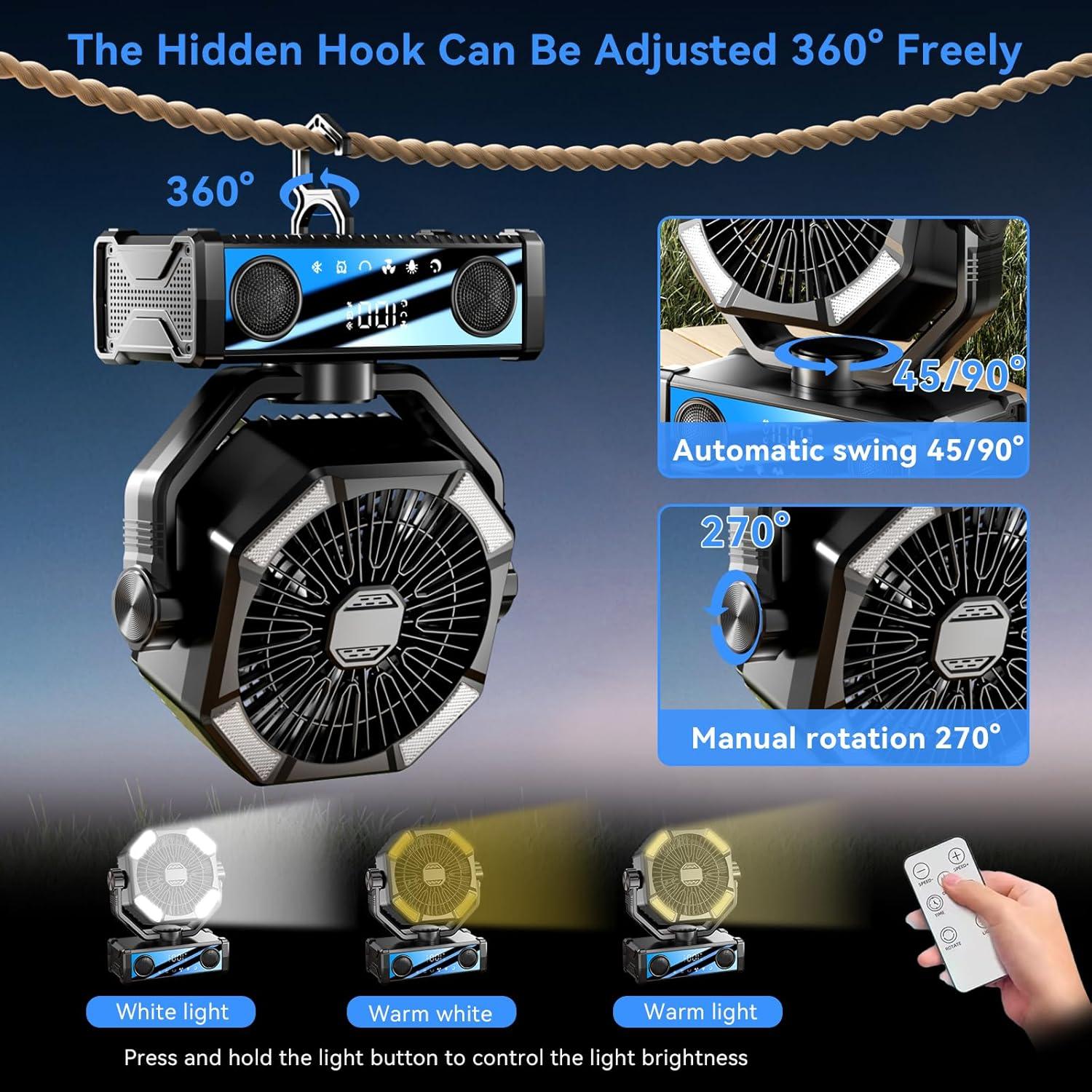 Ventilador portátil recargable YUROGLIEW 25000mAh con altavoz Bluetooth 5.3