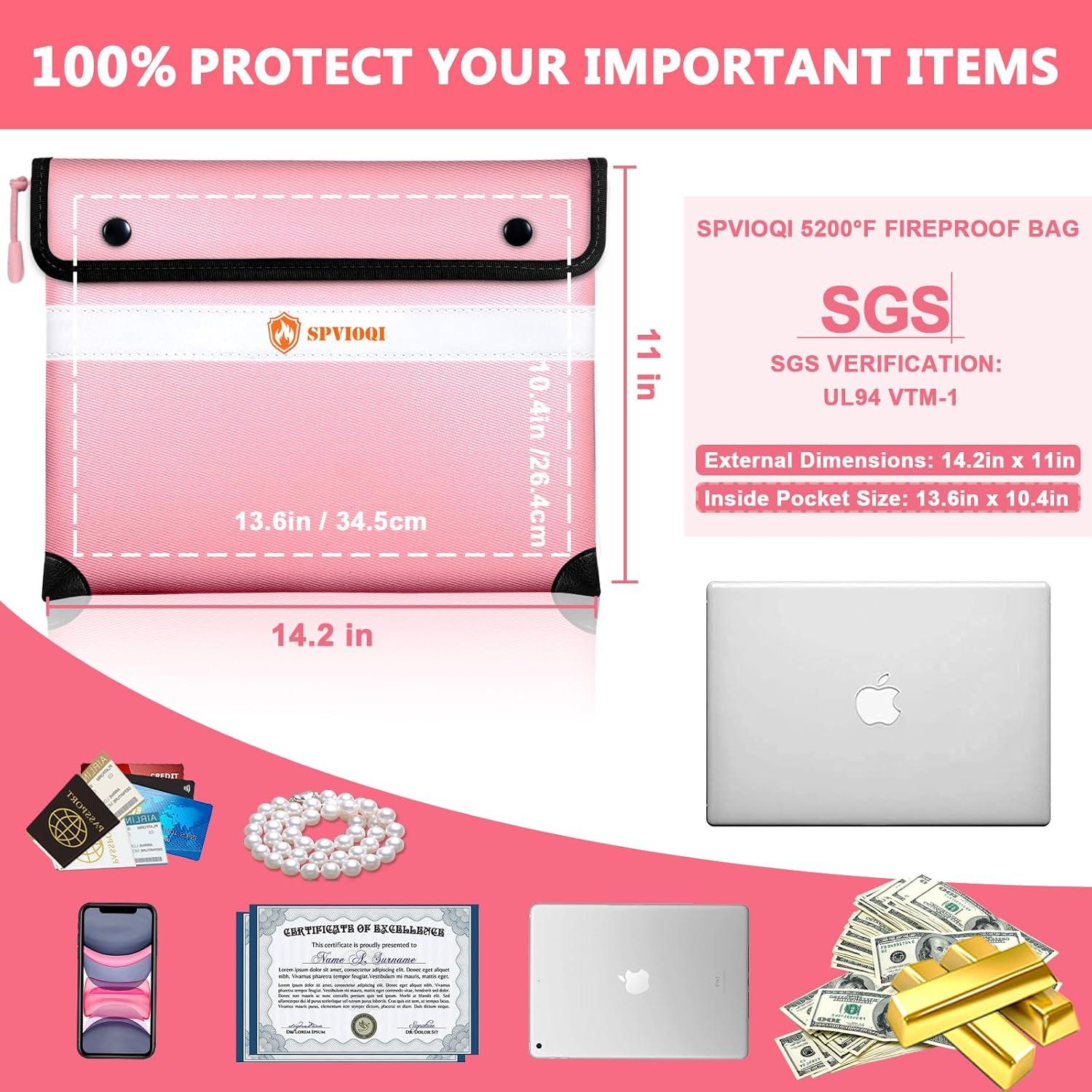 Bolsa Documentos Ignífuga SPVIOQI Rosa 36x28 cm A Prueba de Agua