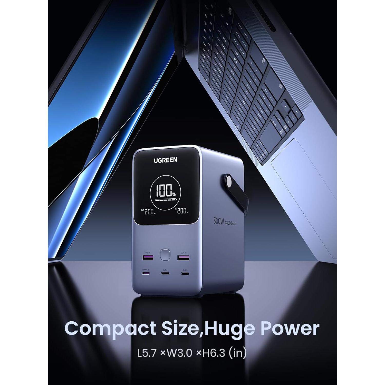 Cargador Portátil UGREEN 300W 48000mAh con Luz LED y Pantalla