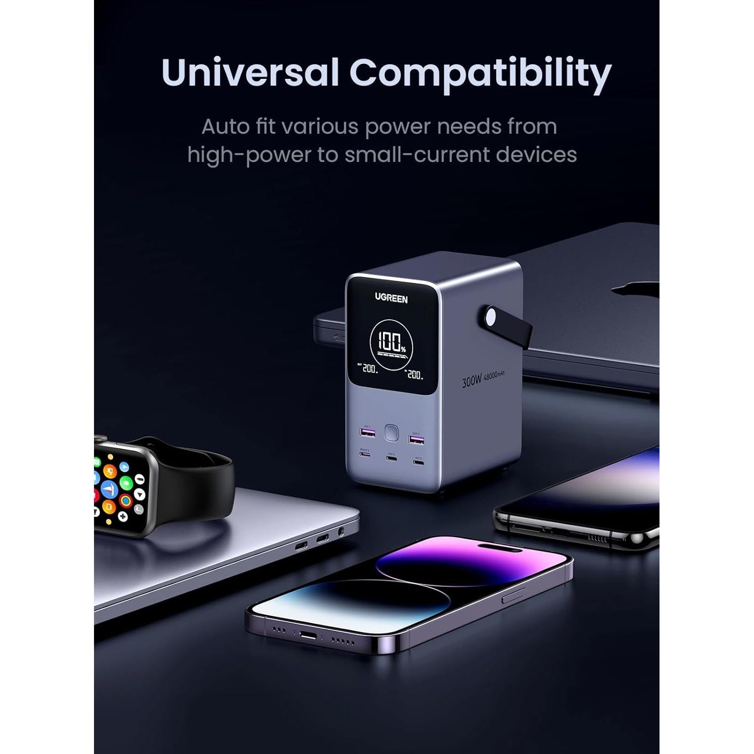 Cargador Portátil UGREEN 300W 48000mAh con Luz LED y Pantalla
