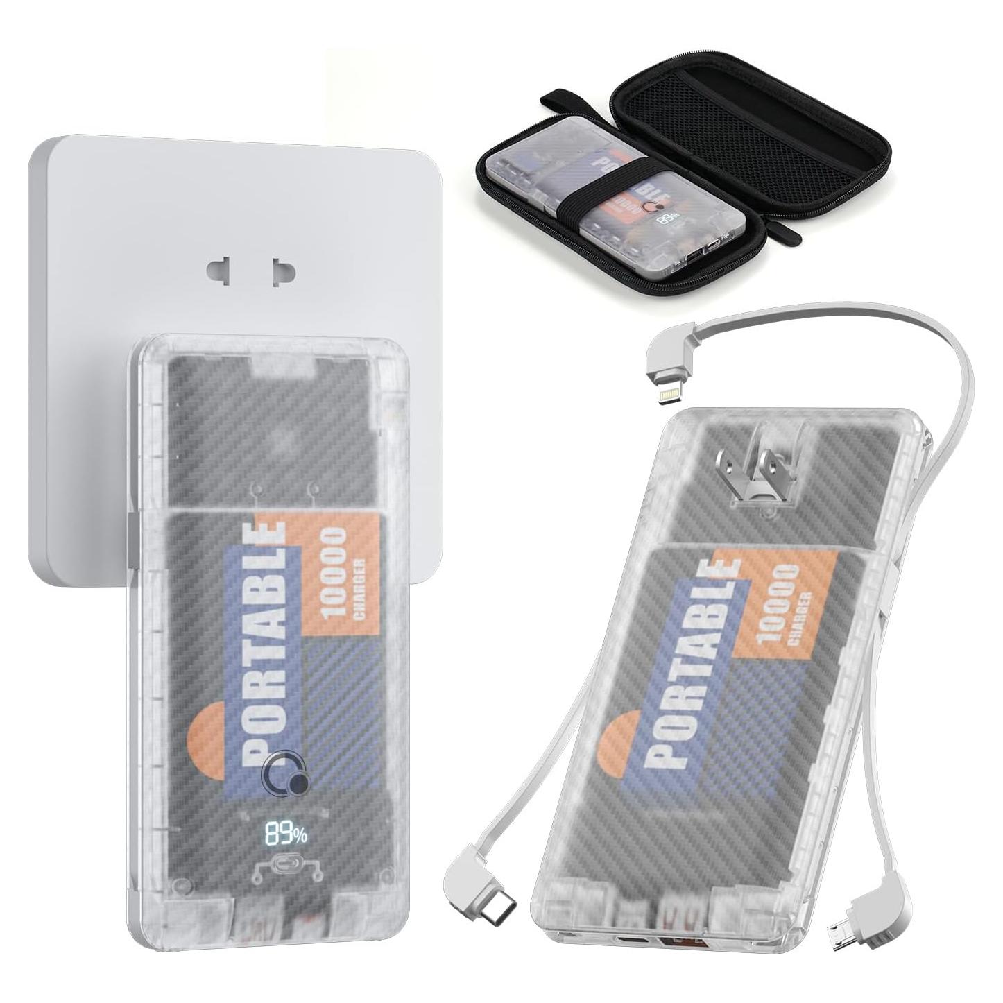 Cargador Portátil Q 10000mAh Slim con Enchufe AC y Cables Integrados