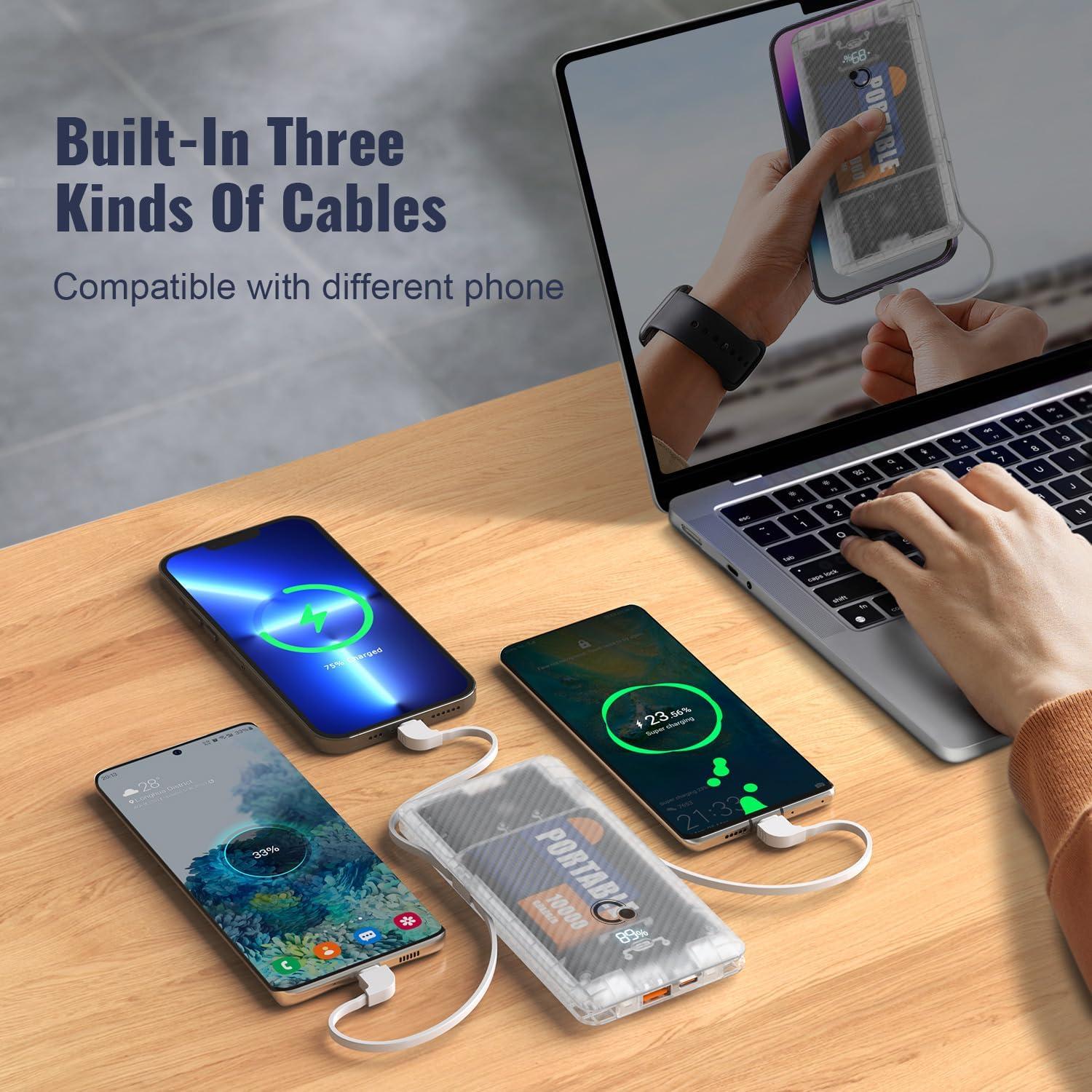 Cargador Portátil Q 10000mAh Slim con Enchufe AC y Cables Integrados