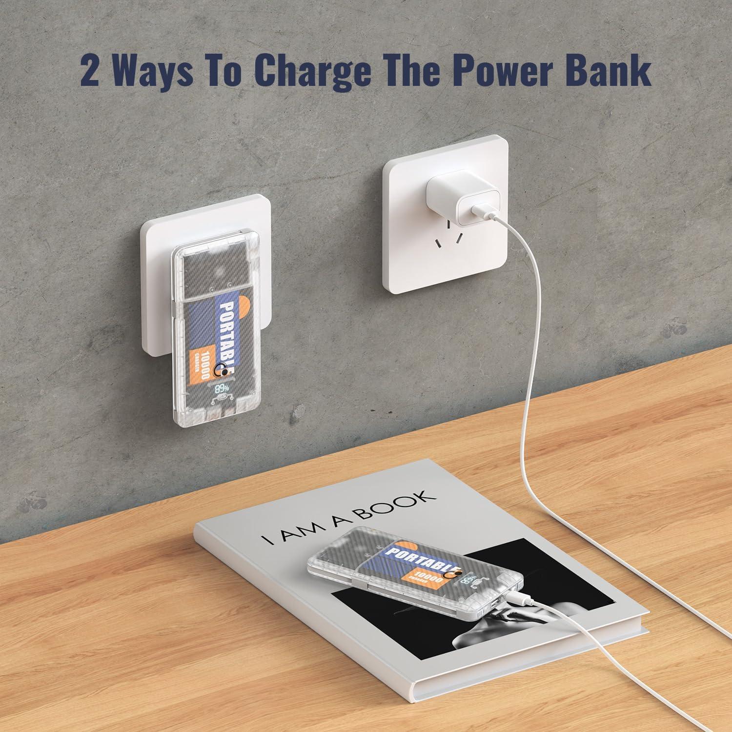 Cargador Portátil Q 10000mAh Slim con Enchufe AC y Cables Integrados