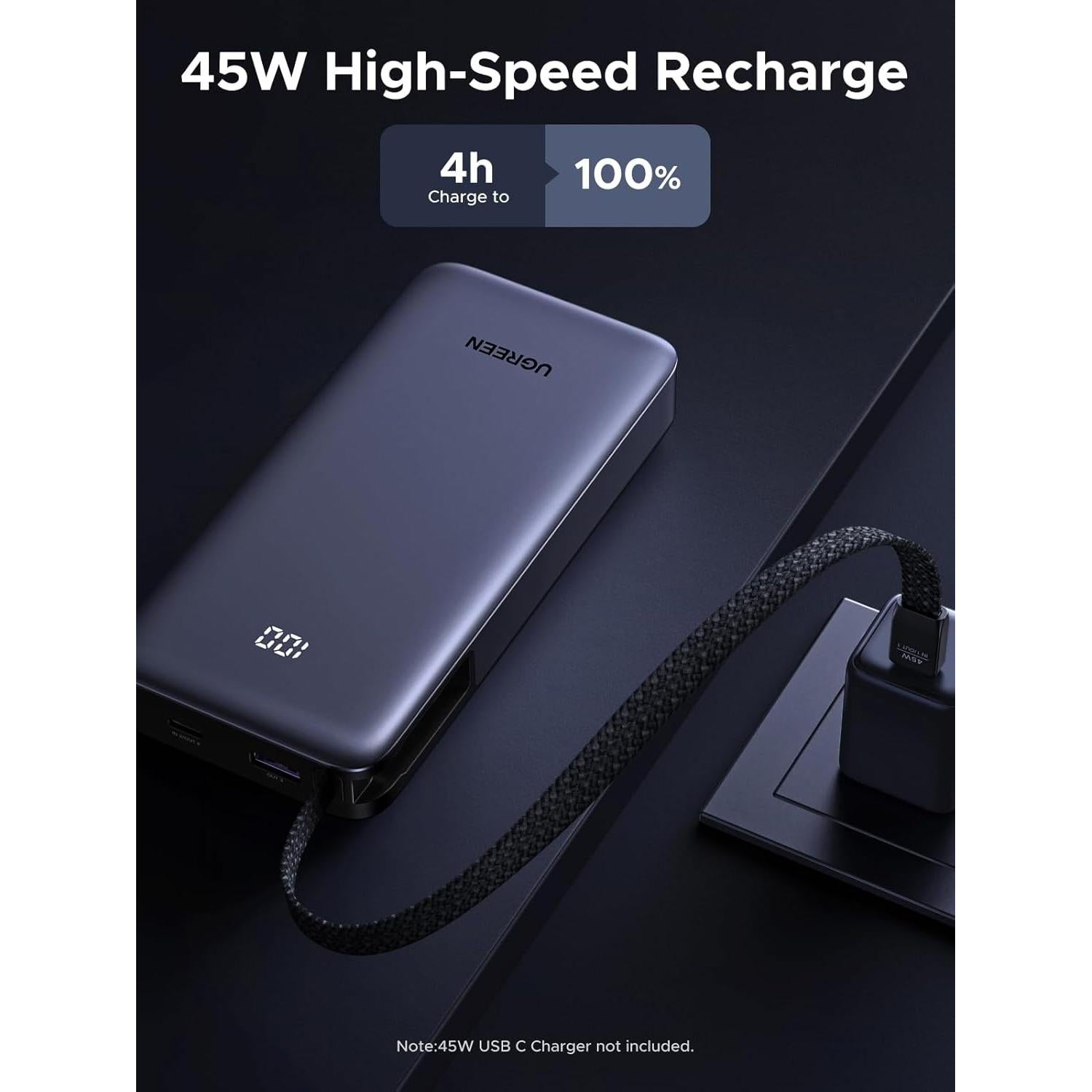 Power Bank UGREEN 20000mAh 45W Carga Rápida USB-C 3 Puertos