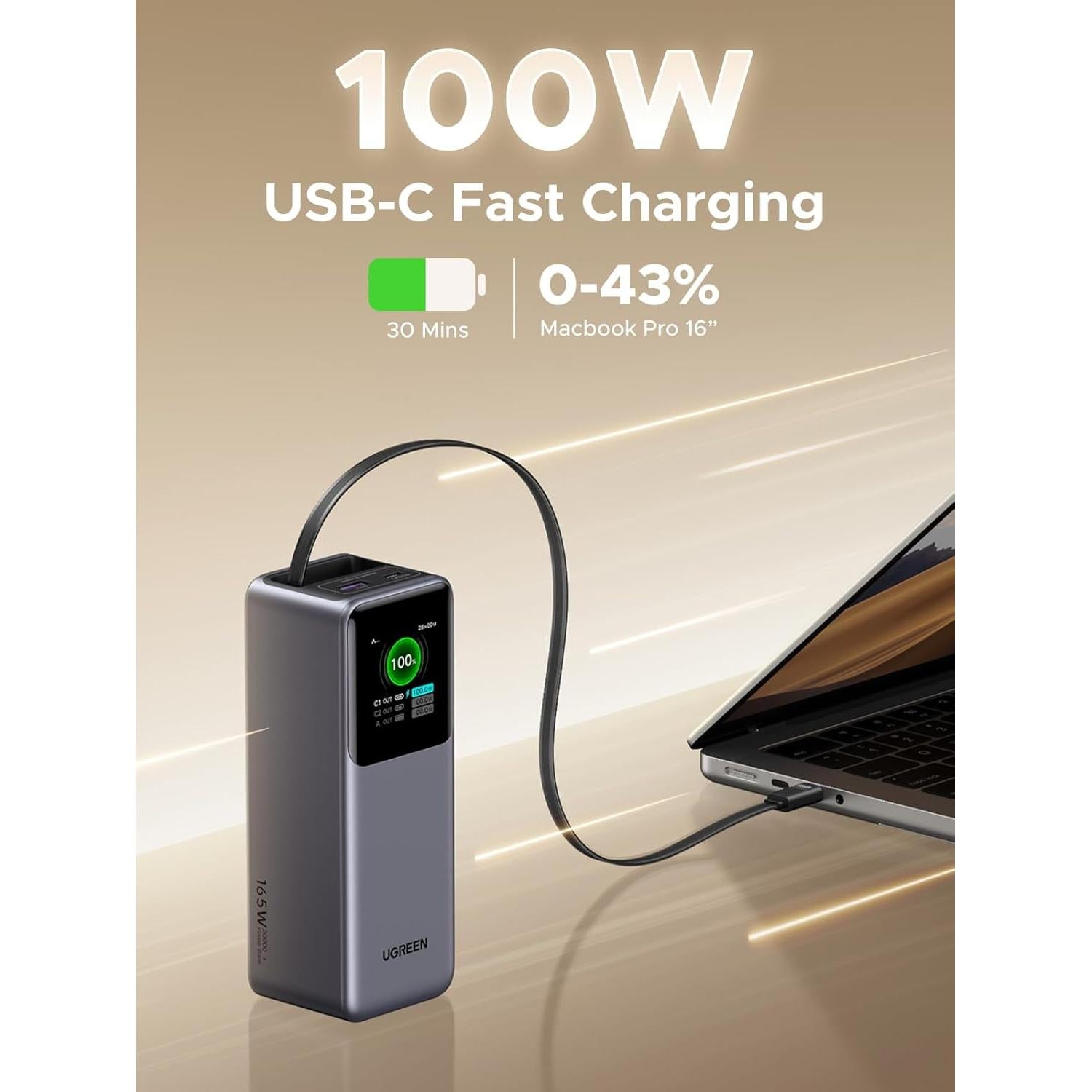 Power Bank UGREEN 20000mAh 165W con Cable USB-C Integrado