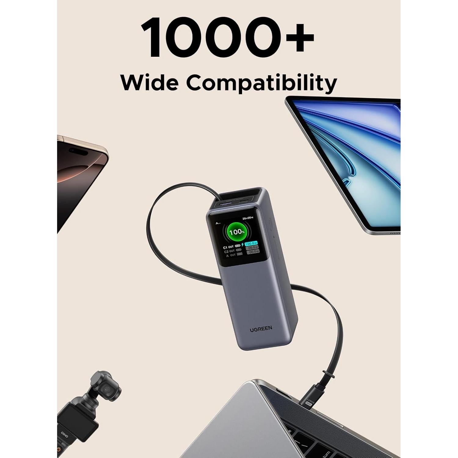 Power Bank UGREEN 20000mAh 165W con Cable USB-C Integrado