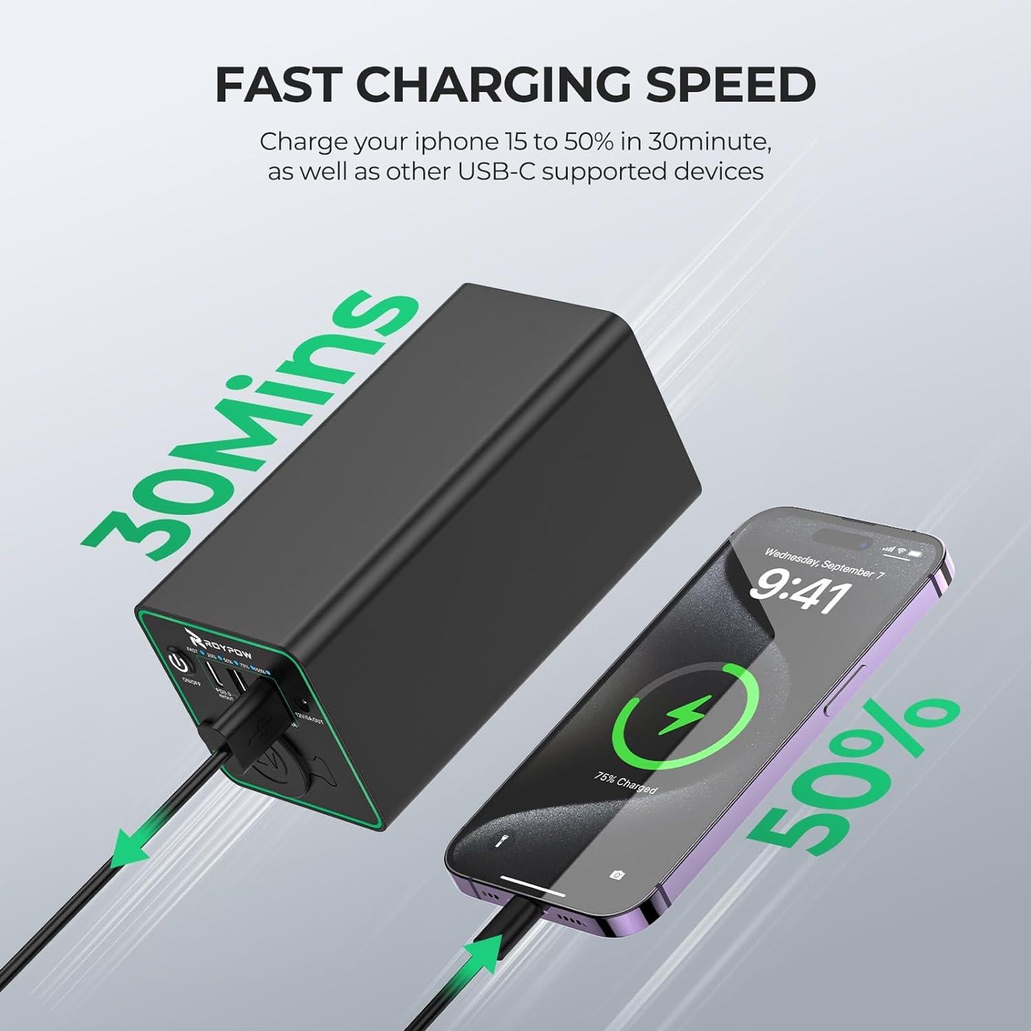 Cargador Portátil RoyPow 30W PD 86.58Wh para Laptop y Camping