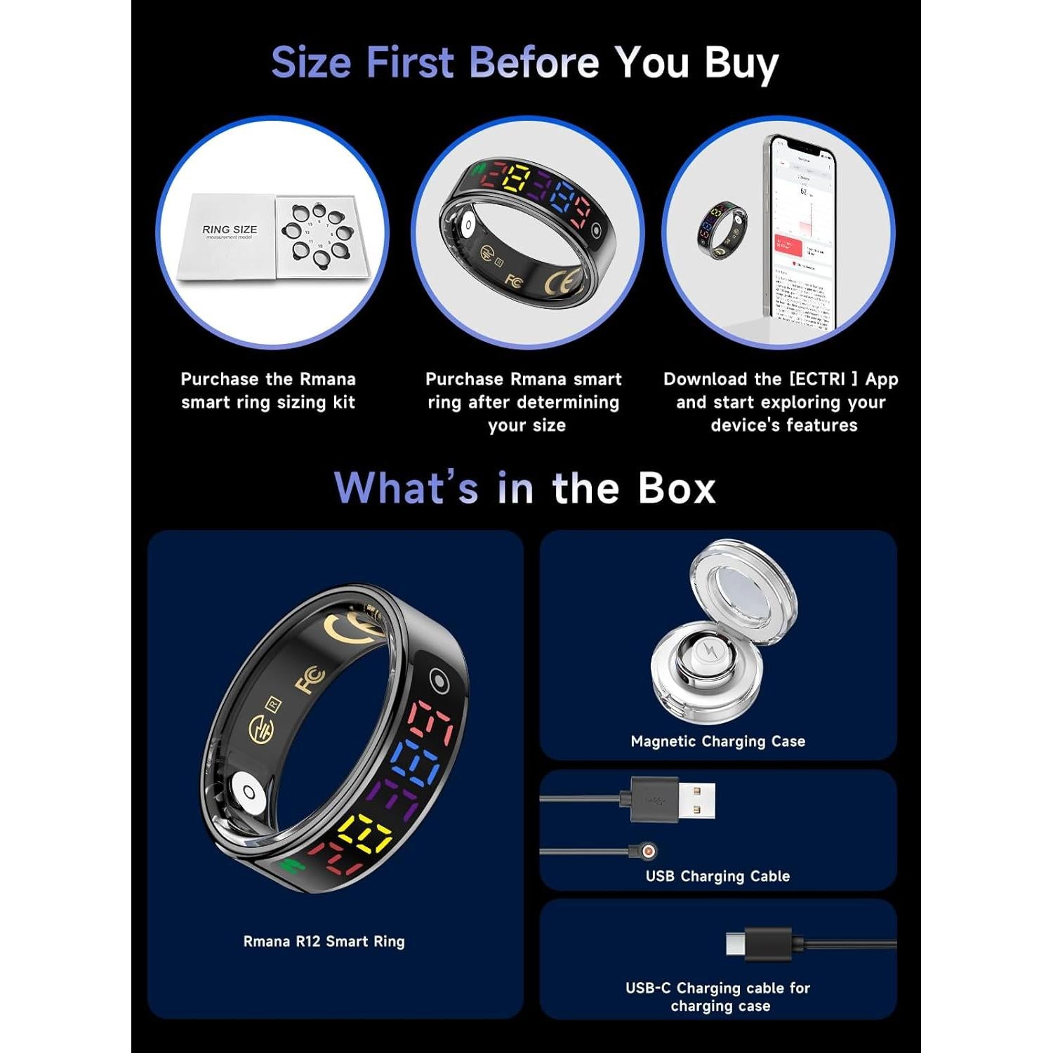 Anillo Inteligente Rmana R12 - Monitoreo Salud y Fitness Negro 8