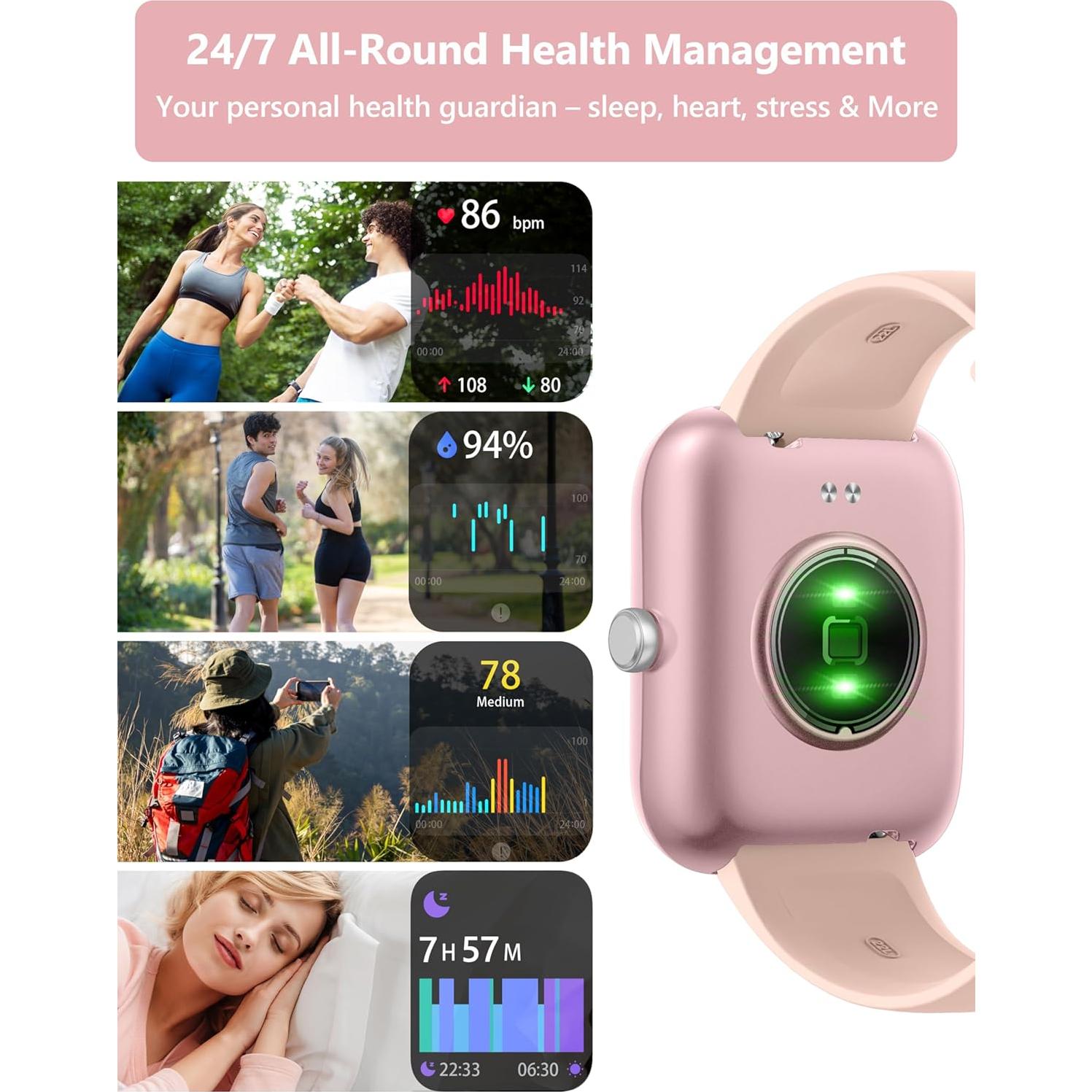 Reloj Inteligente KALINCO Rosa Pastel 44mm con Alexa y Fitness