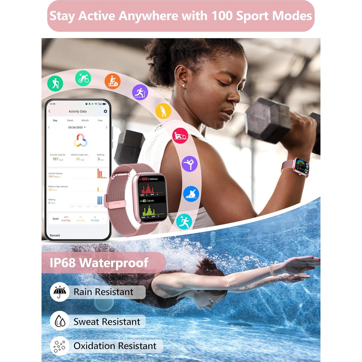 Reloj Inteligente KALINCO Rosa Pastel 44mm con Alexa y Fitness