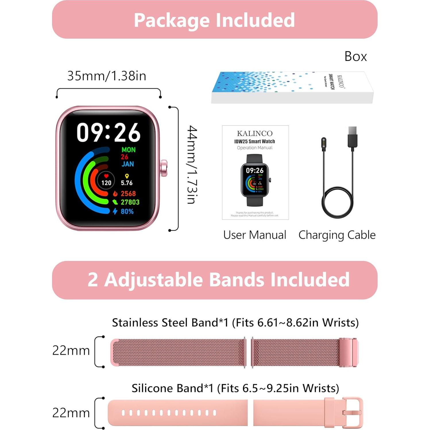 Reloj Inteligente KALINCO Rosa Pastel 44mm con Alexa y Fitness