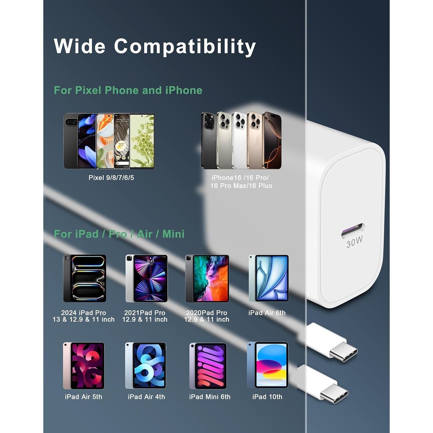 Cargador Rápido USB C 30W para Google Pixel 9/8/7 con Cable 1.83m