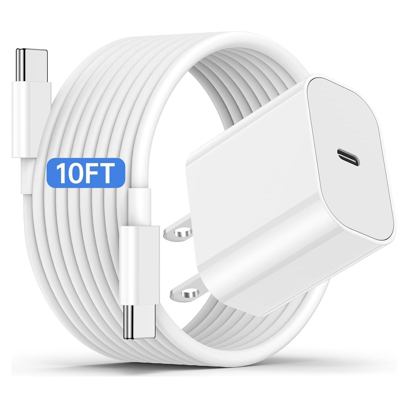 Cargador Rápido USB C 20W + Cable 10 pies para iPhone 16/15