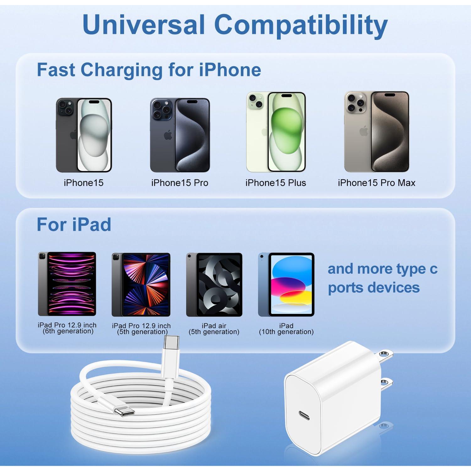 Cargador Rápido USB C 20W + Cable 10 pies para iPhone 16/15