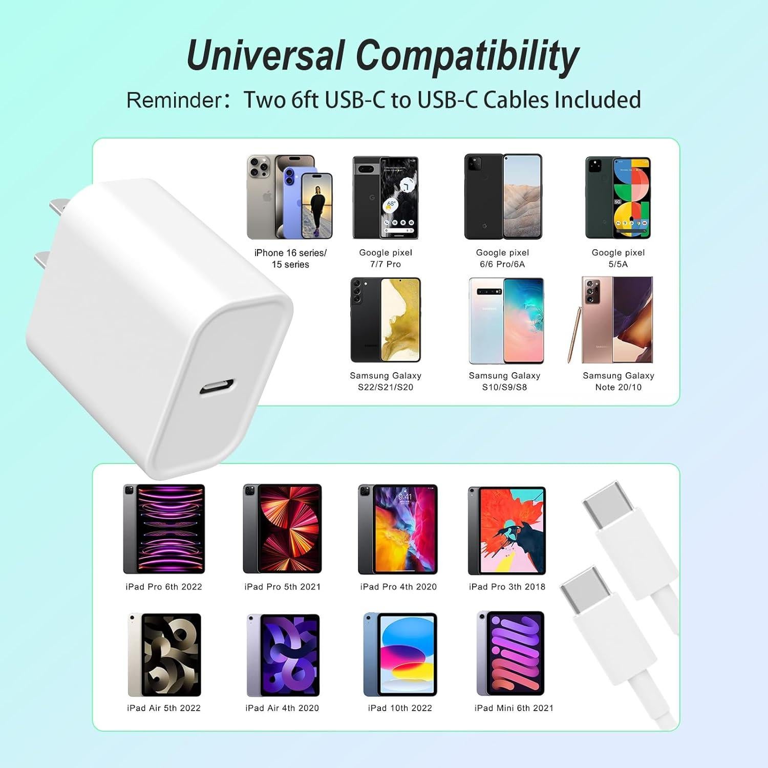 Cargador Rápido 20W USB-C YYDBS + 2 Cables 6 pies