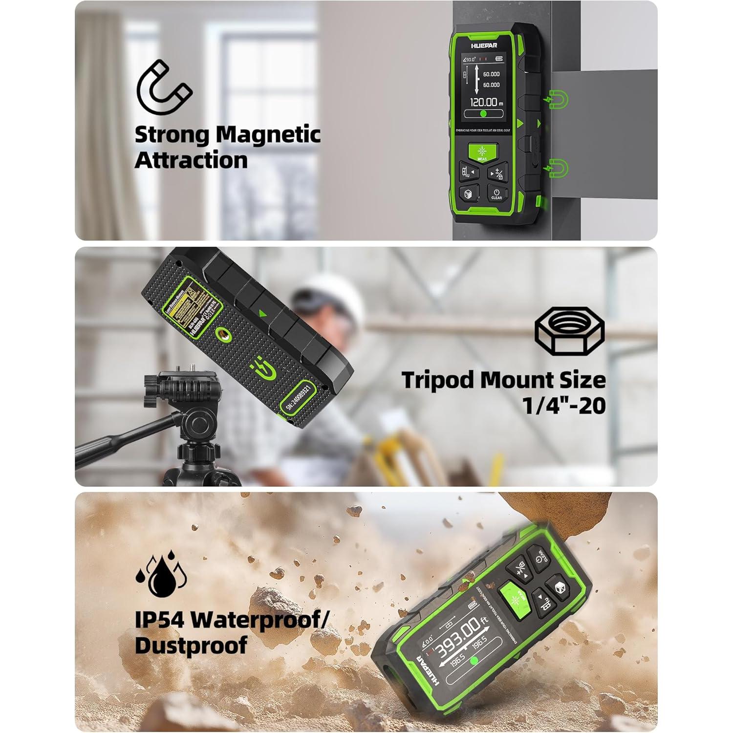 Medidor de Distancia Láser Huepar 120m Verde Dual LCD