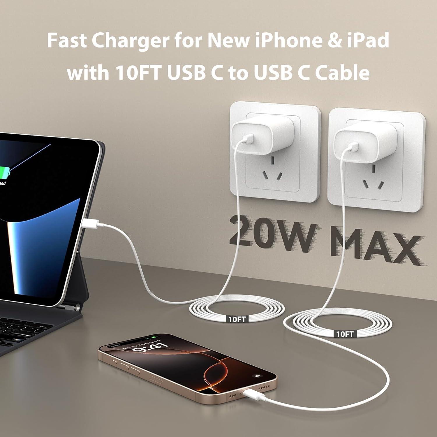 Cargador Rápido USB C 20W para iPhone 15/16 + Cable 3m
