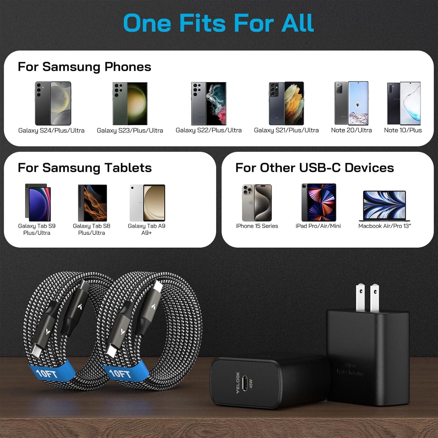 Cargador Rápido 45W USB-C VELOGK + 2 Cables 10FT para Samsung