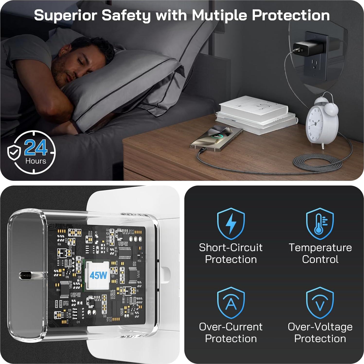 Cargador Rápido 45W USB-C VELOGK + 2 Cables 10FT para Samsung