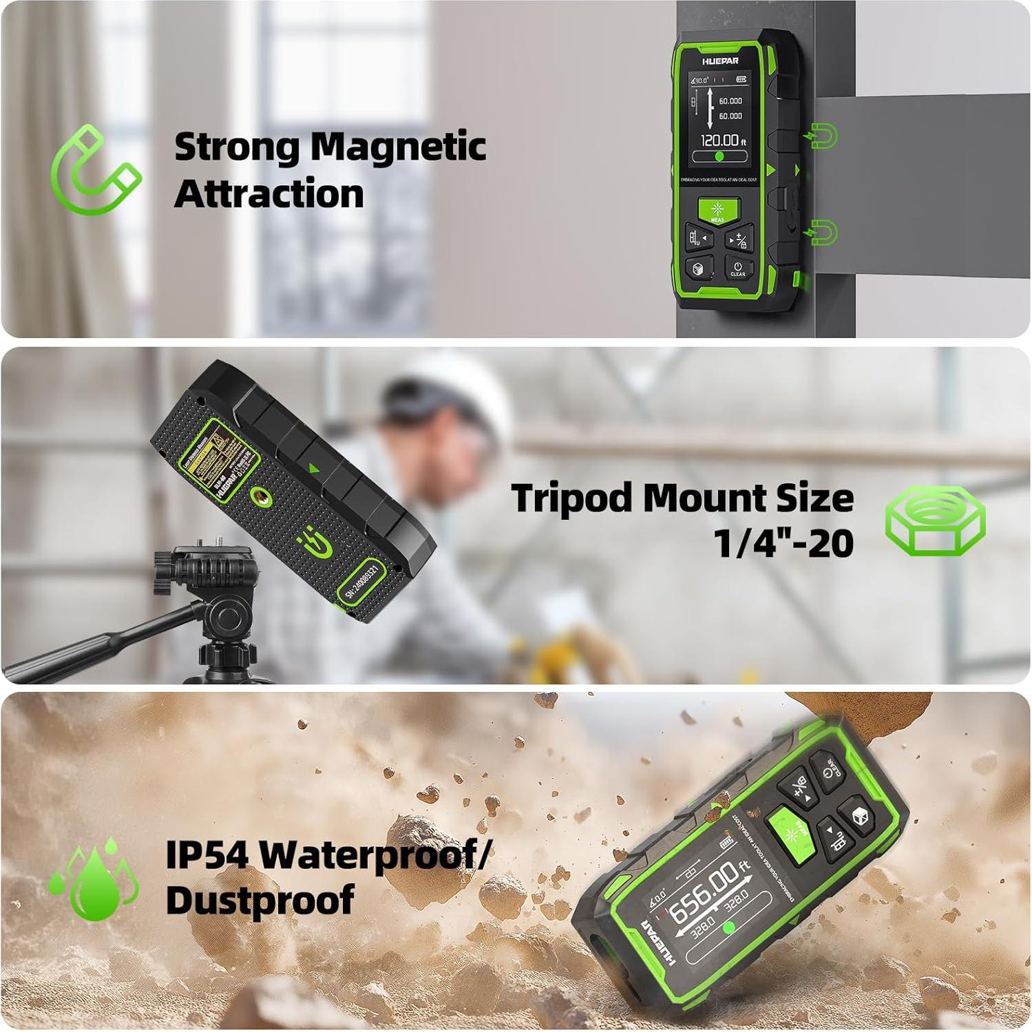 Medidor Láser Dual Huepar 200m Verde LCD Recargable