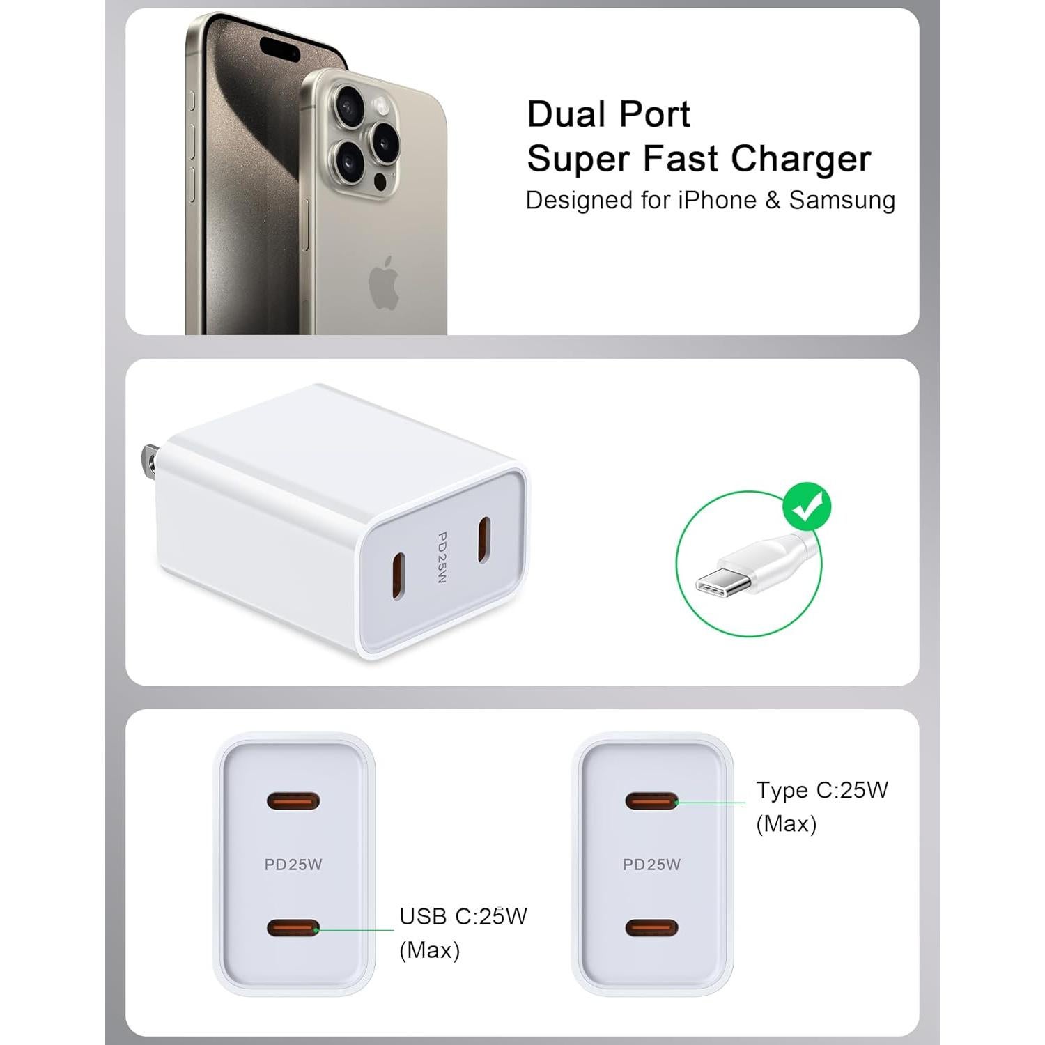 Cargador de Pared USB-C Doble 25W Bordsek para iPhone y Samsung