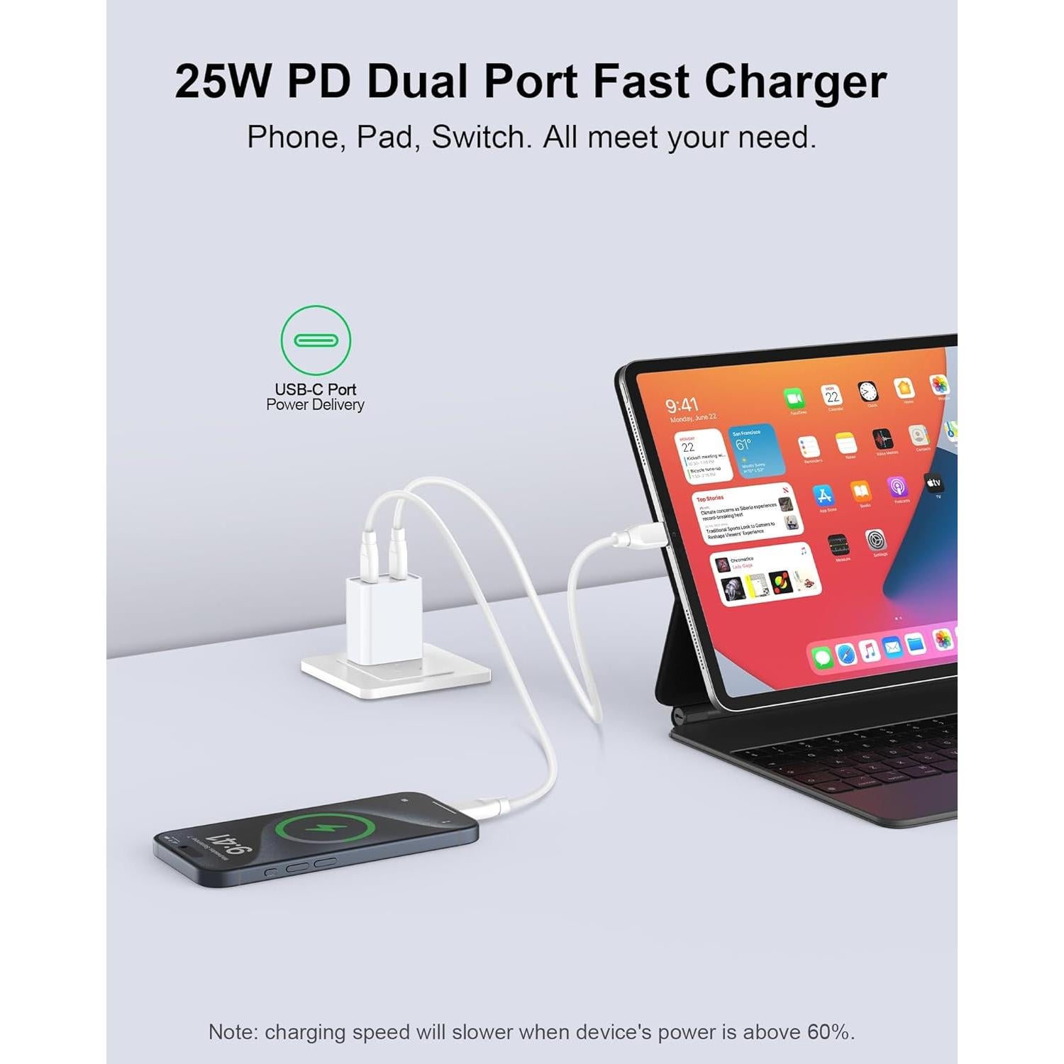 Cargador de Pared USB-C Doble 25W Bordsek para iPhone y Samsung