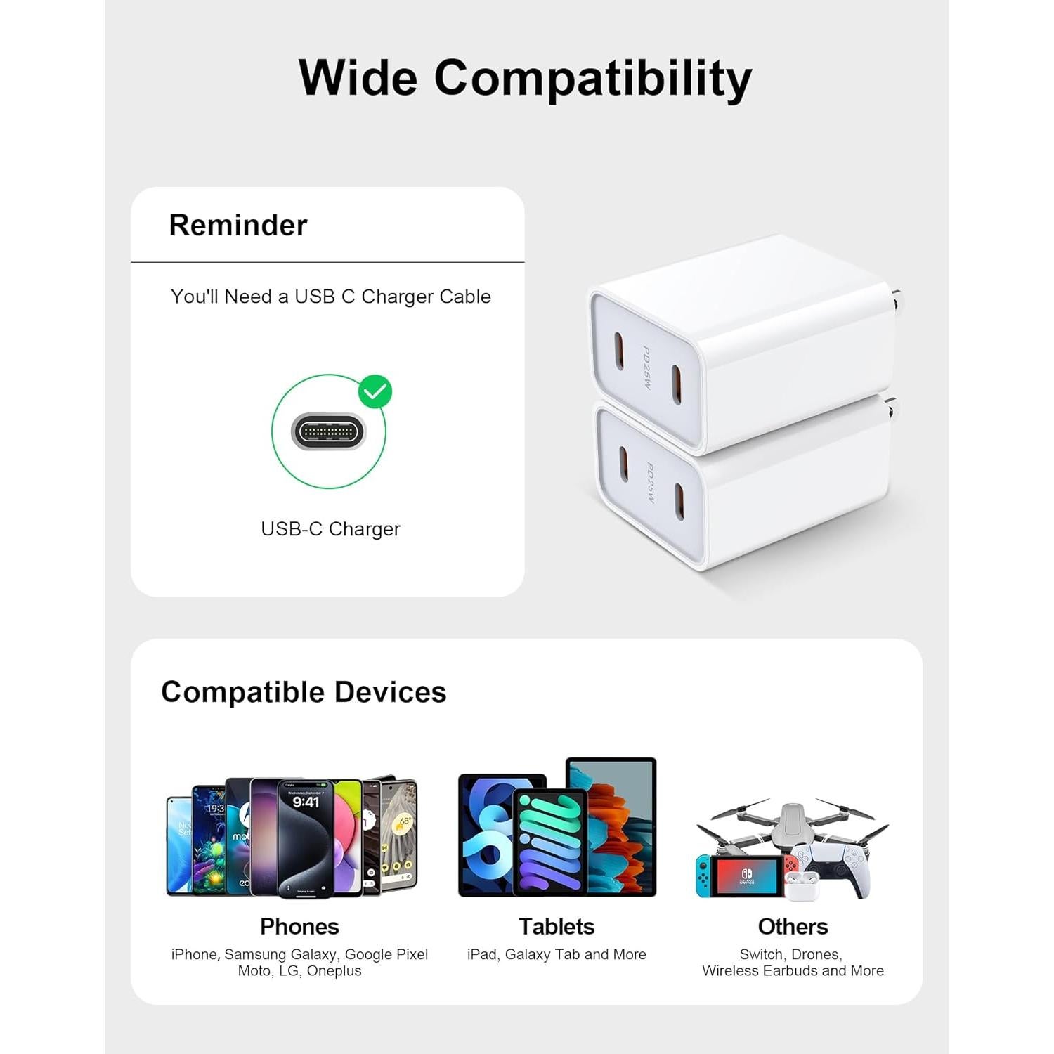 Cargador de Pared USB-C Doble 25W Bordsek para iPhone y Samsung