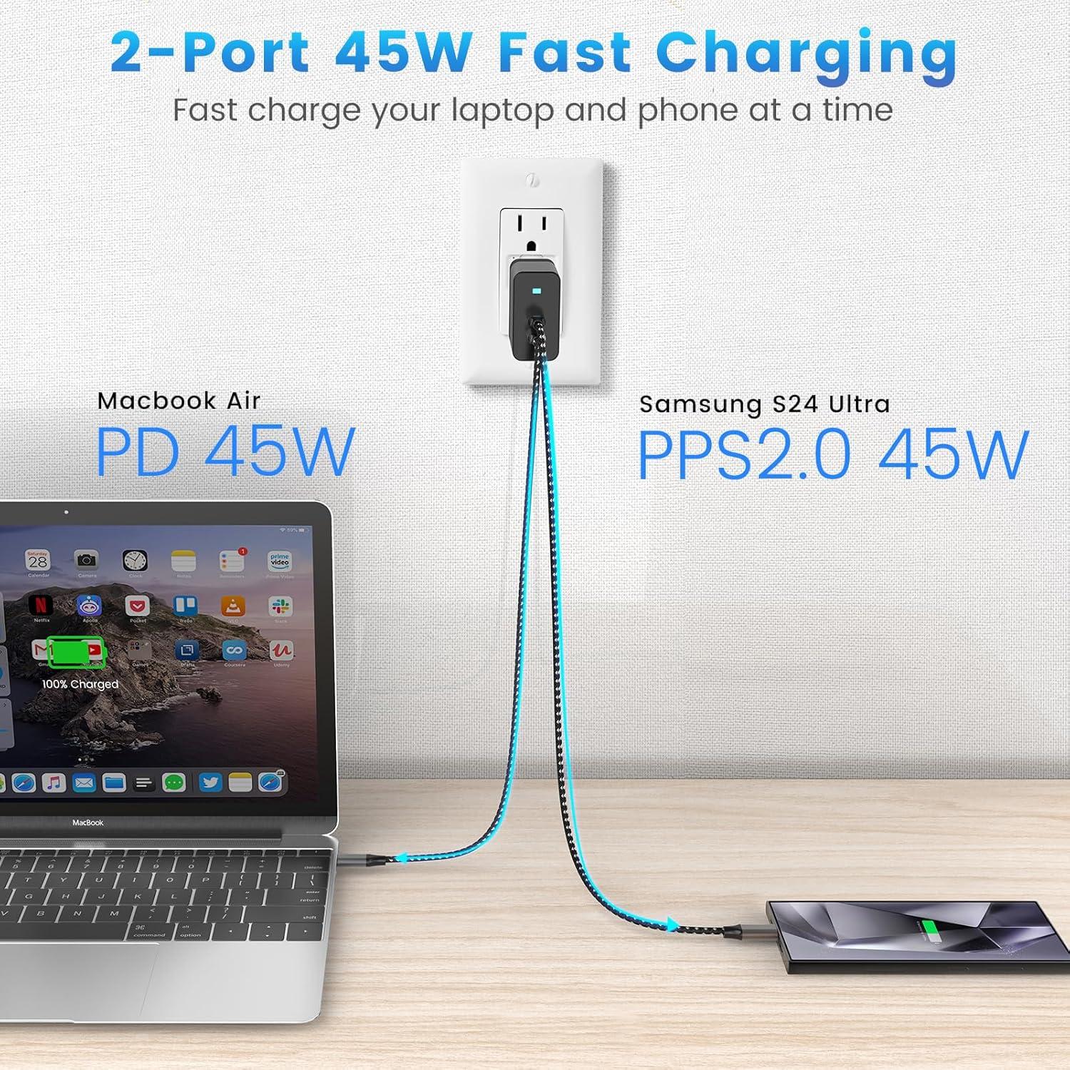 Cargador Rápido USB-C 45W 2 Puertos + 2 Cables 2M Caniifoto