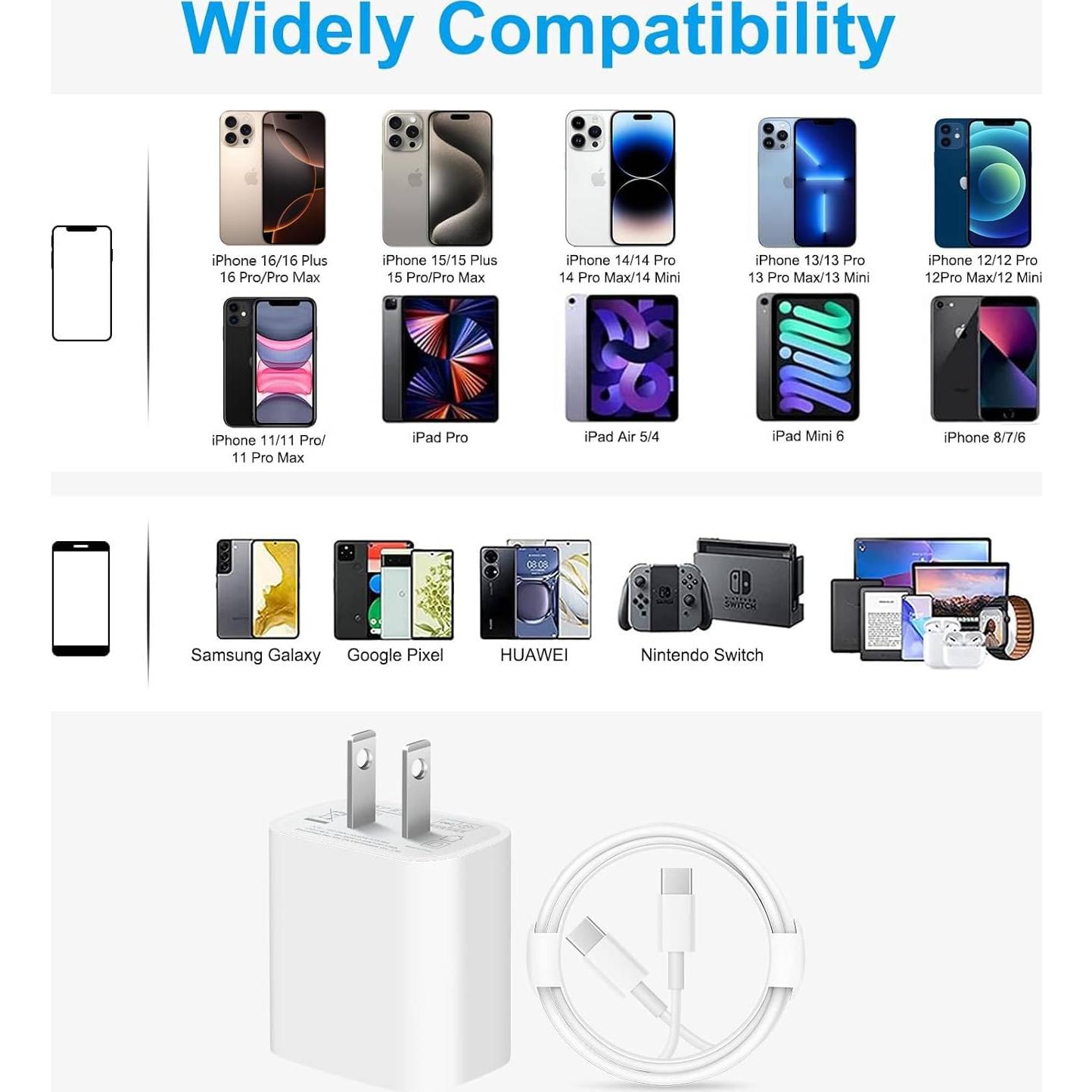 Cargador Rápido USB C 20W para iPhone 16/15 + Cable 3.05m