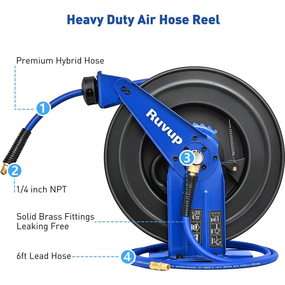 Carrete Retráctil de Manguera de Aire Ruvup 3/8" x 22.86m 300PSI