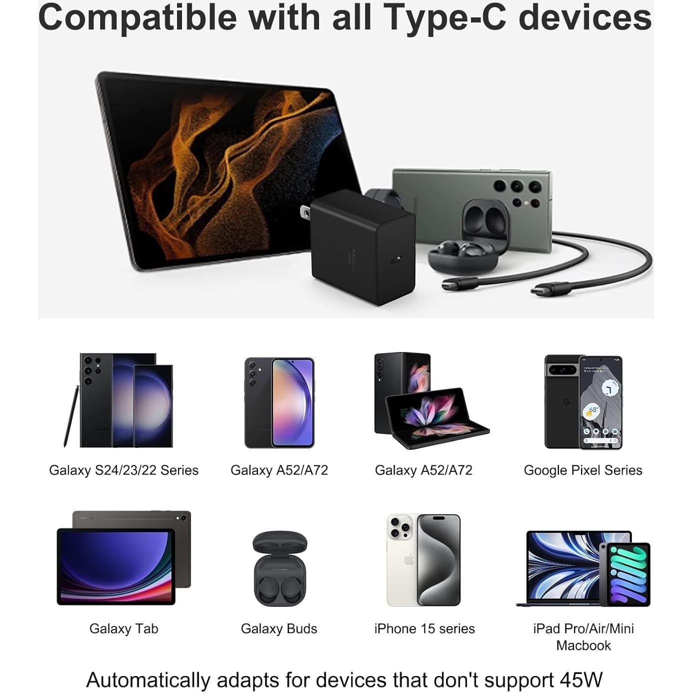 Cargador USB C Rápido 45W 2-Pack Samsung y iPhone