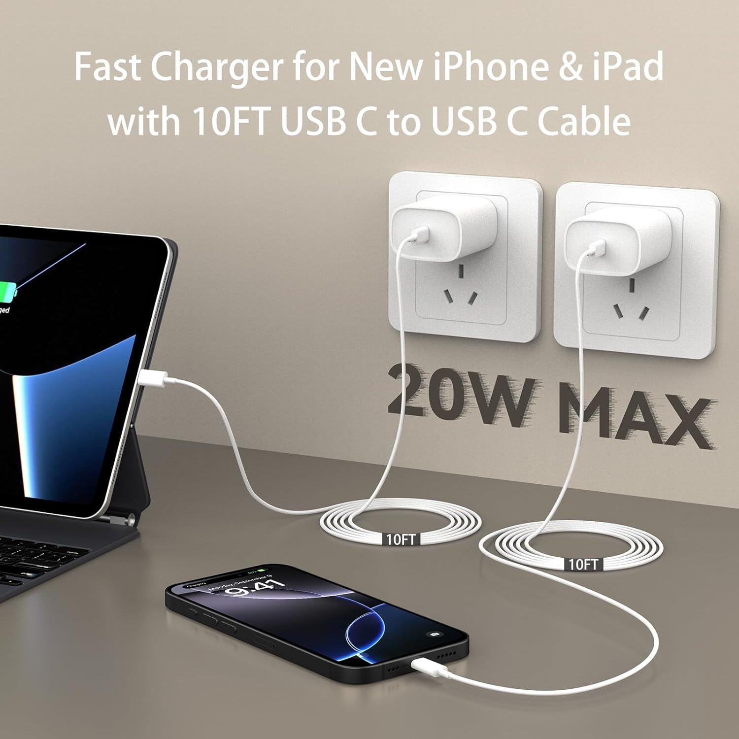 Cargador Rápido 20W USB C para iPhone 16 Pro Max con Cable 3.05m