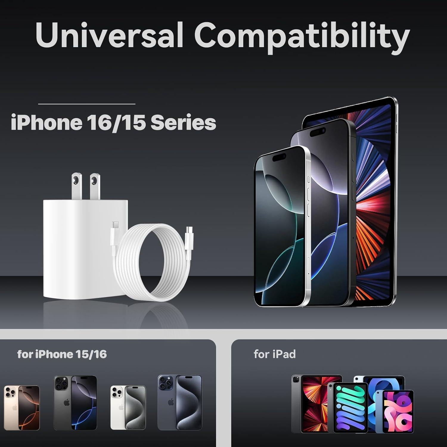 Cargador Rápido 20W USB C para iPhone 16 Pro Max con Cable 3.05m
